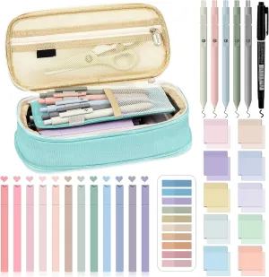 Jutom 39 Pcs Aesthetic Book Annotation Kit Pencil Case Bag with Highlighter Gel Pen 700 Sheets Transparent Sticky Notes Pads Index Tab Bible Study Supplies for School(Mint Green,Cute Style)