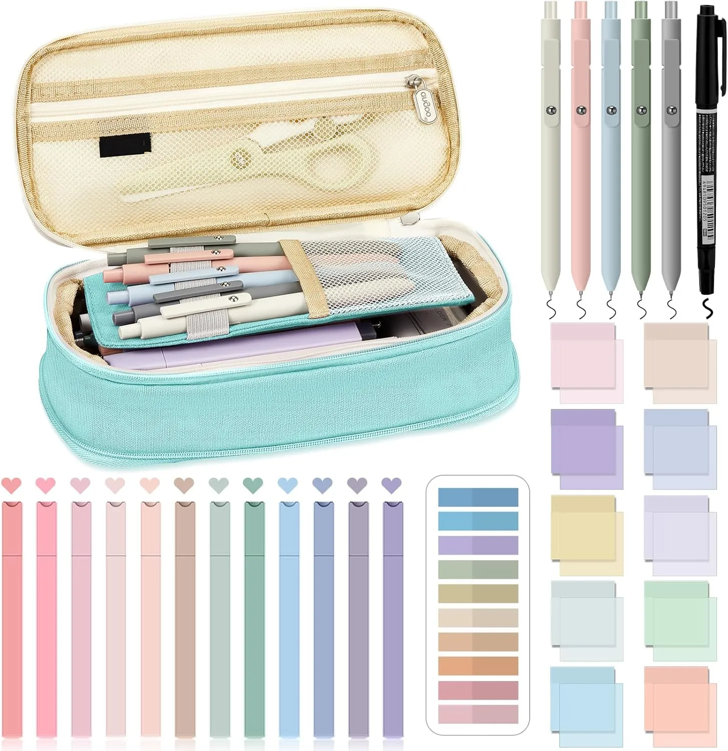 Jutom 39 Pcs Aesthetic Book Annotation Kit Pencil Case Bag with Highlighter Gel Pen 700 Sheets Transparent Sticky Notes Pads Index Tab Bible Study Supplies for School(Mint Green,Cute Style)