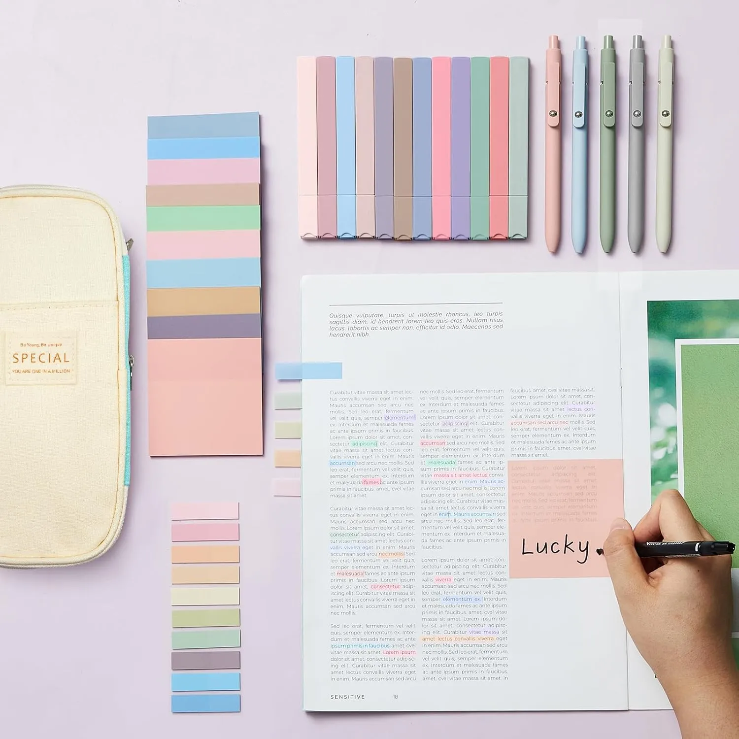 Jutom 39 Pcs Aesthetic Book Annotation Kit Pencil Case Bag with Highlighter Gel Pen 700 Sheets Transparent Sticky Notes Pads Index Tab Bible Study Supplies for School(Mint Green,Cute Style)