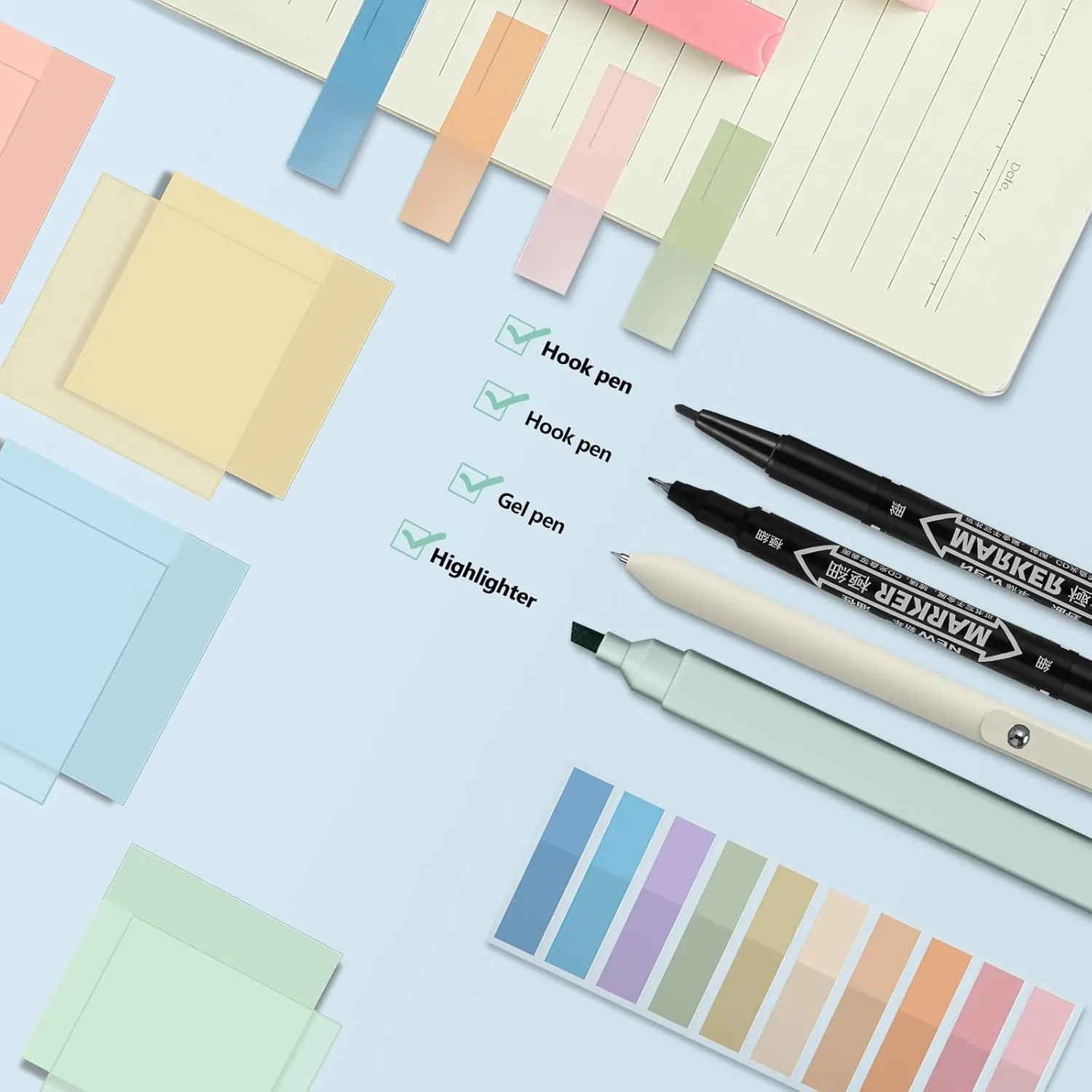 Jutom 39 Pcs Aesthetic Book Annotation Kit Pencil Case Bag with Highlighter Gel Pen 700 Sheets Transparent Sticky Notes Pads Index Tab Bible Study Supplies for School(Mint Green,Cute Style)