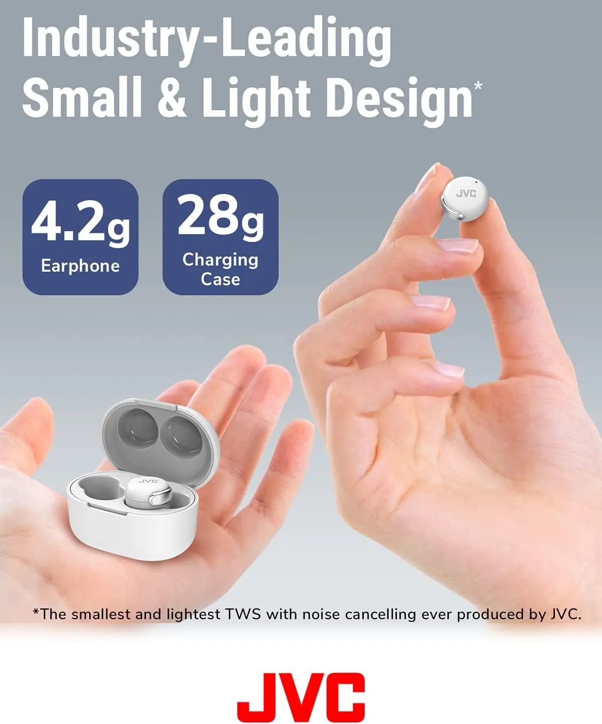 JVC Compact True Wireless Headphones with Active Noise Cancelling, Low-Latency Mode for Gaming and Movies, Bluetooth 5.2, Long Battery Life (up to 21 Hours) - HAA30TW (White), Small