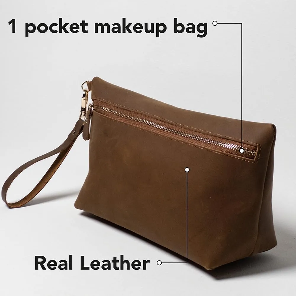KAAL Crazy Horse French Makeup Travel Cosmetic Accessories Bag - Genuine Leather Toiletry Kit Organizer (Green, Large)