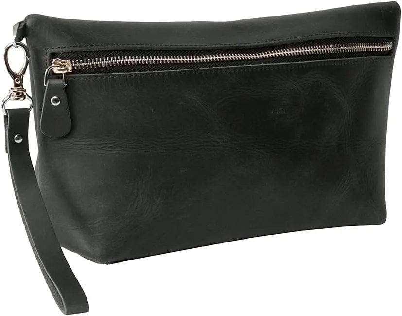 KAAL Crazy Horse French Makeup Travel Cosmetic Accessories Bag - Genuine Leather Toiletry Kit Organizer (Green, Large)
