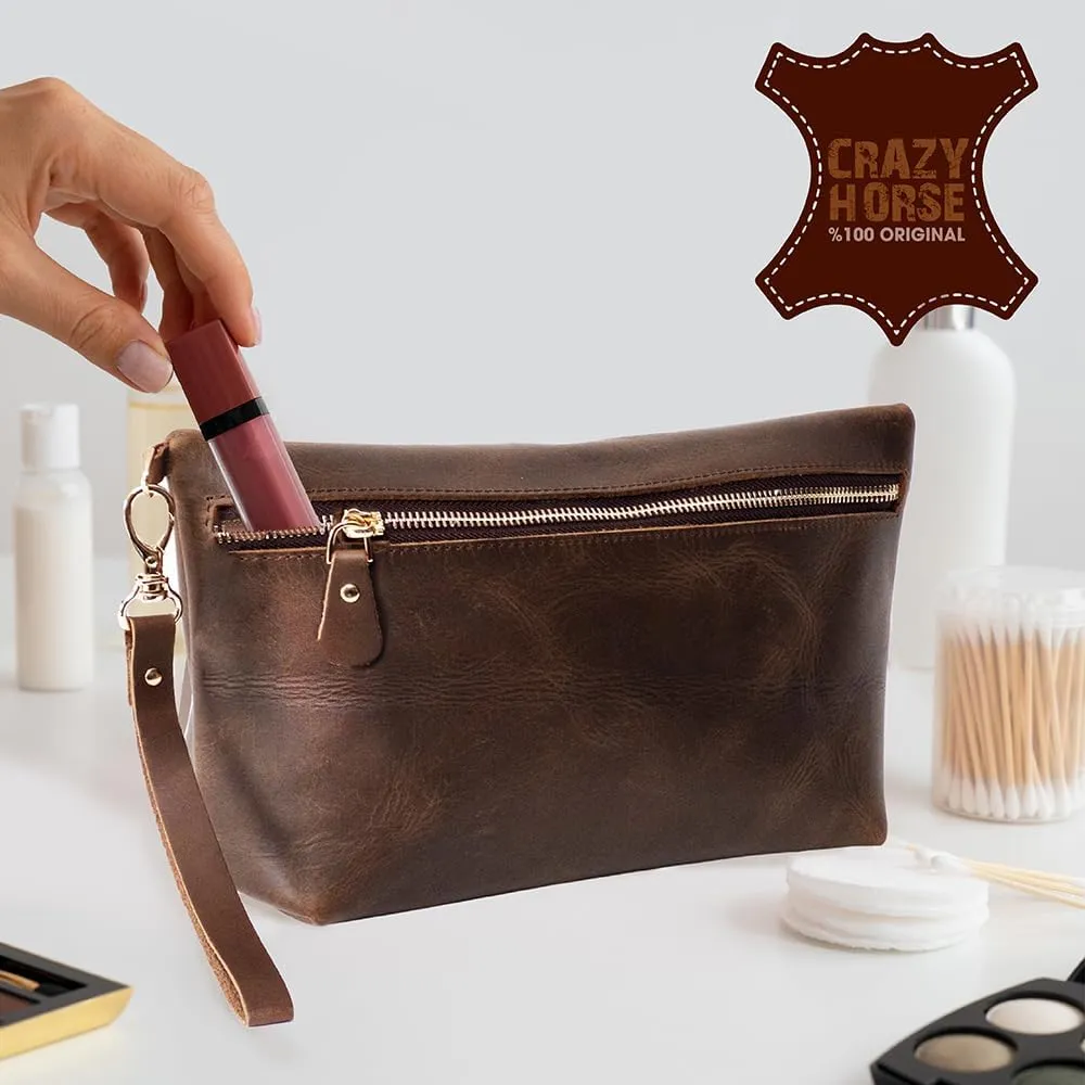 KAAL Crazy Horse French Makeup Travel Cosmetic Accessories Bag - Genuine Leather Toiletry Kit Organizer (Green, Large)