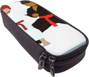 Karate Boy Vector Changeable Belt Color Printed Pencil Case Leather Flip Stationery Bag Pen Pouch Holder with Zipper for School Travel Office, Black, One Size, Make-Up Pouch