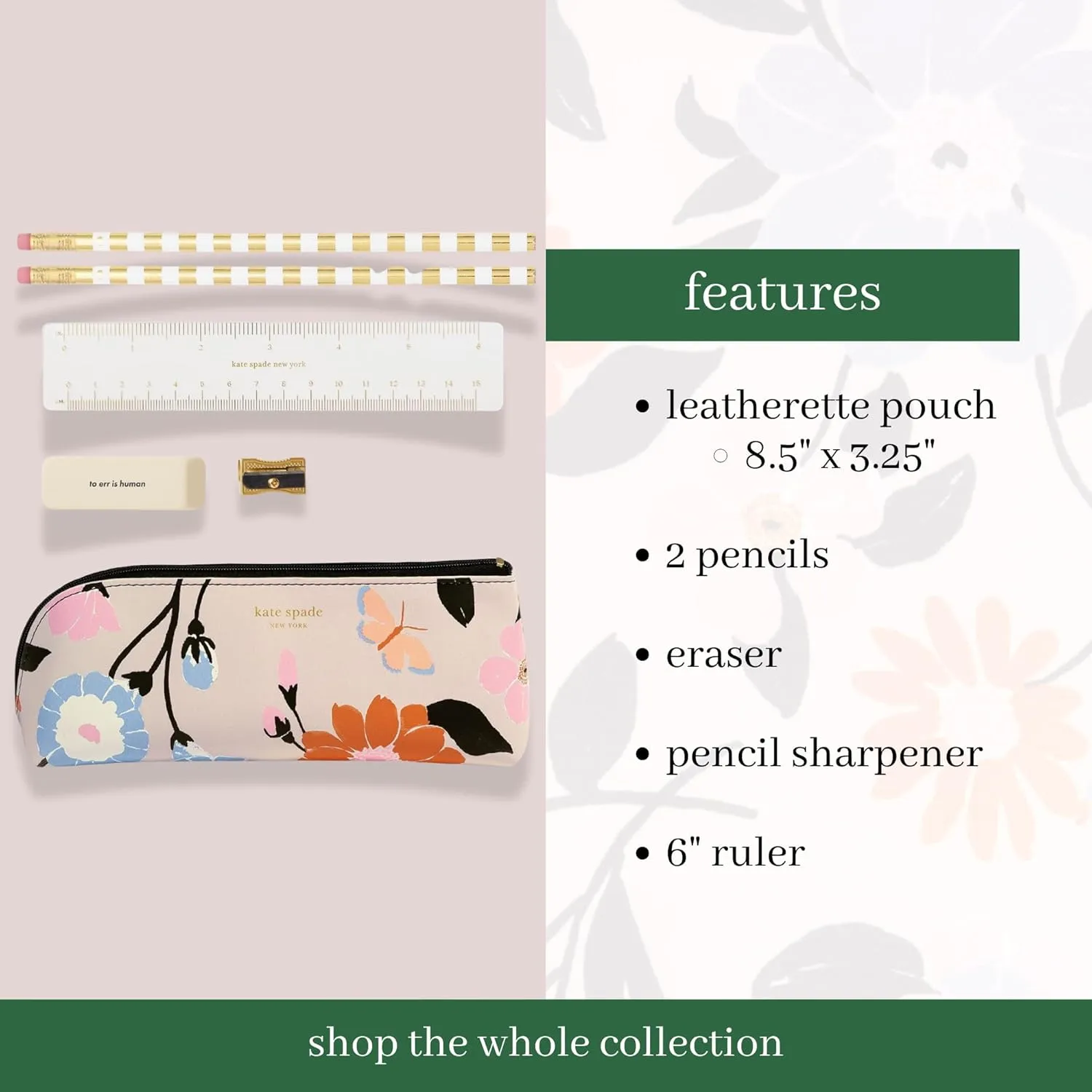 kate spade new york Pen and Pencil Case with Supplies for Adults, Zip Pouch Includes 2 Pencils, Sharpener, Eraser, and Ruler (Safari Floral)