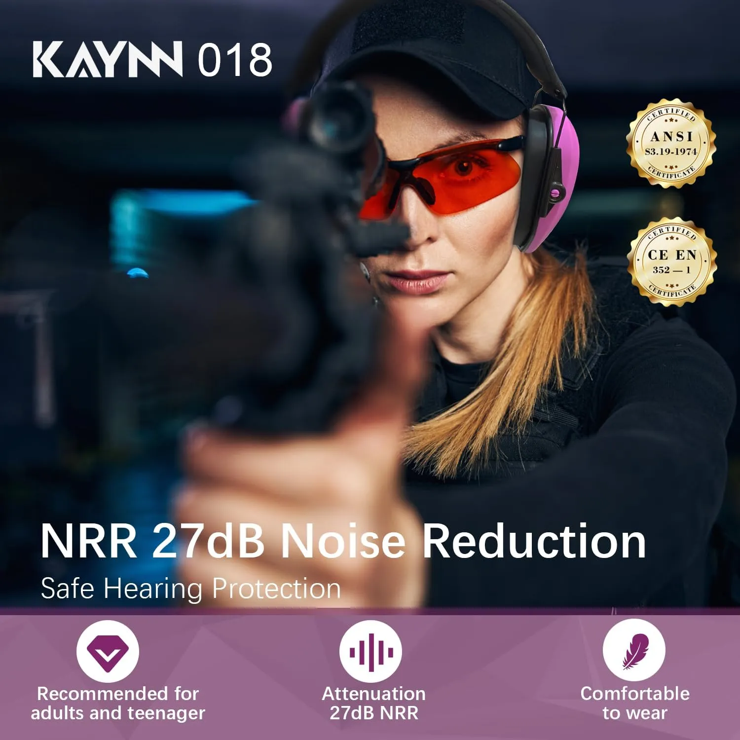 KAYNN 018 Shooting Range Ear Protection NRR 27dB, Adjustable Compact Noise Reduction Hearing Protect Slim Shoot Earmuffs
