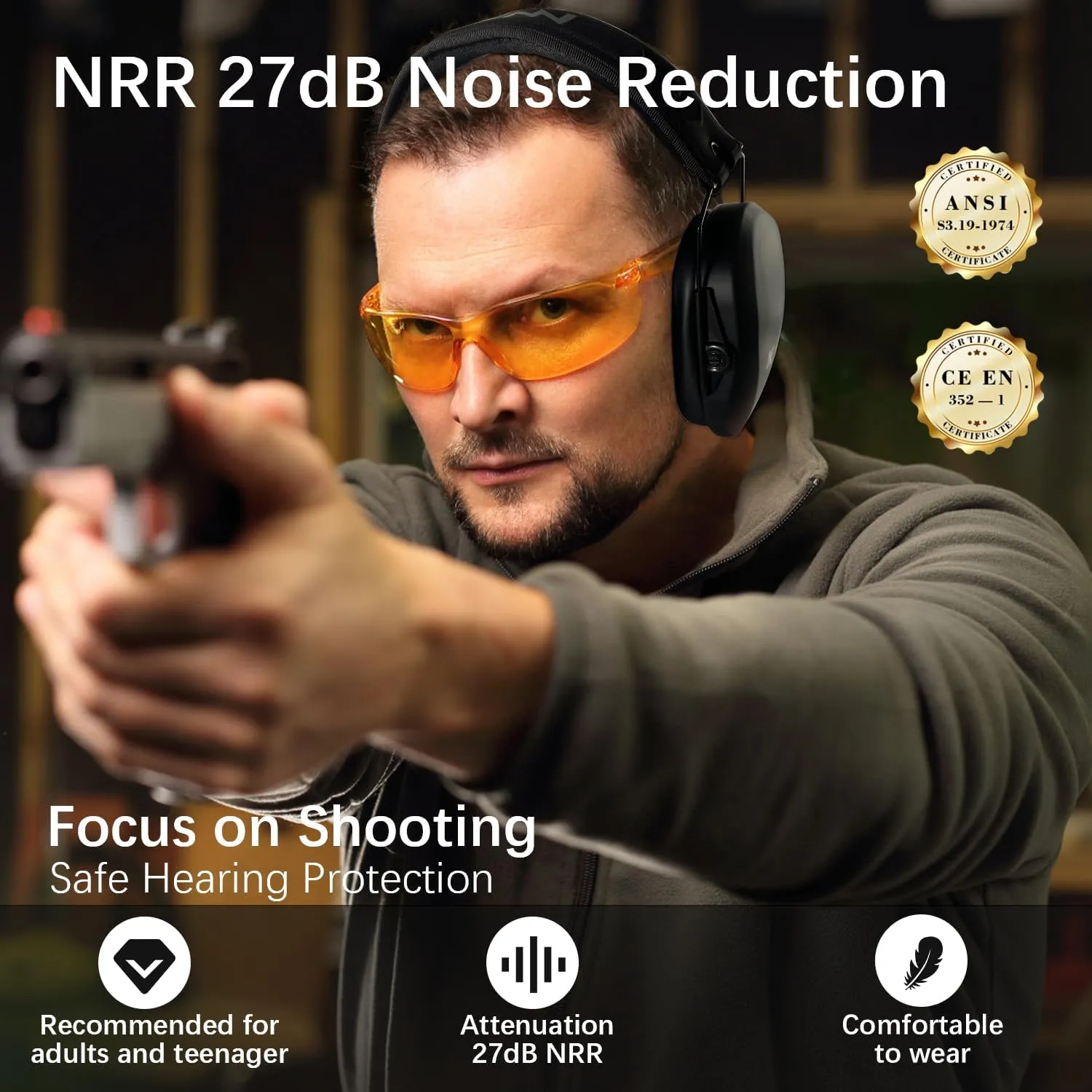 KAYNN 018 Shooting Range Ear Protection NRR 27dB, Adjustable Compact Noise Reduction Hearing Protect Slim Shoot Earmuffs