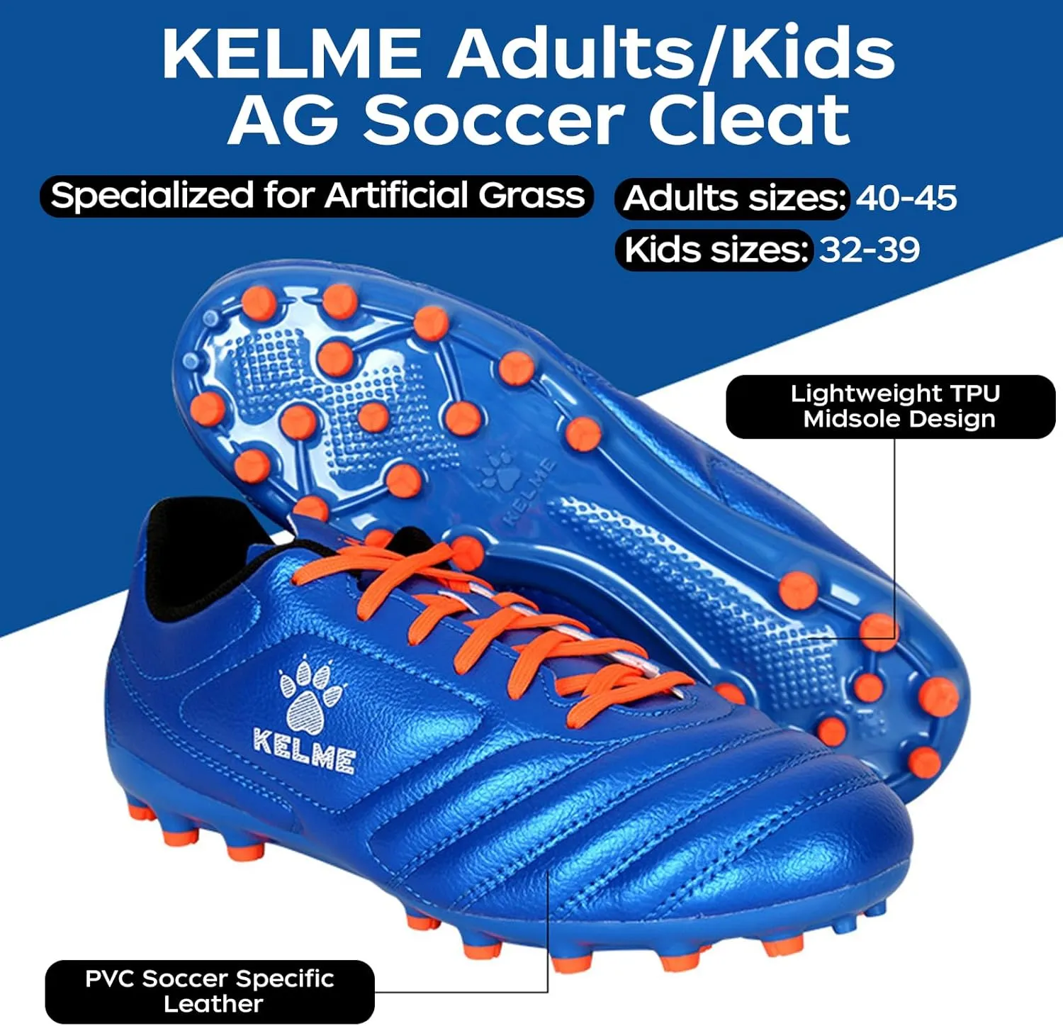 KELME K-Fighting AG Soccer Cleats, Mens Womens Unisex Outdoor Soccer Shoes, Artificial Grass Football, Youth