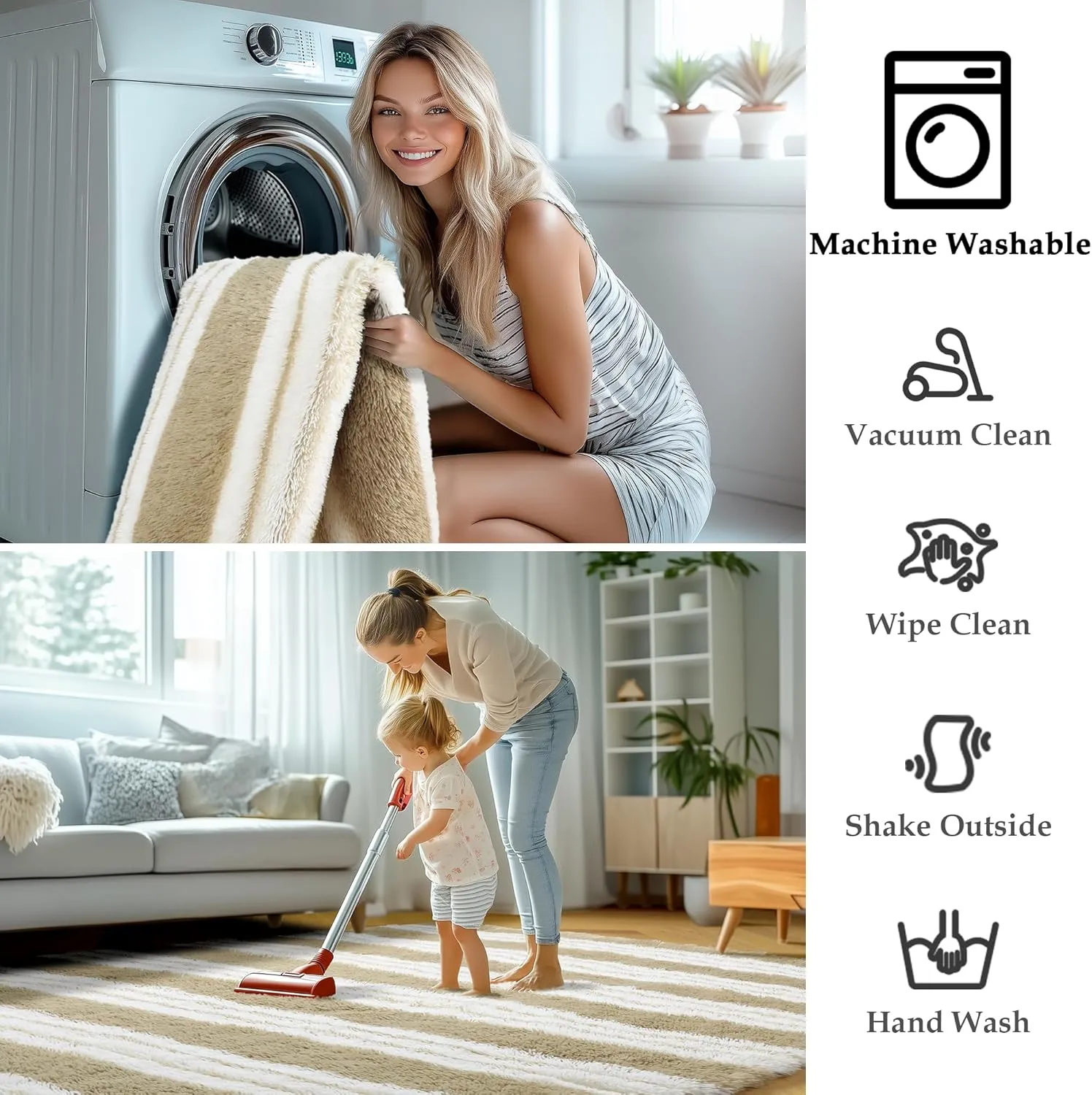 KICMOR Rugs for Living Room, 5x8 Fluffy Soft Beige and White Shag Area Rug Fuzzy Shaggy Bedroom Carpet, Large Plush Indoor Striped Rug for Kids Boys Girls Room Teen Dorm Nursery Home Decor Aesthetic
