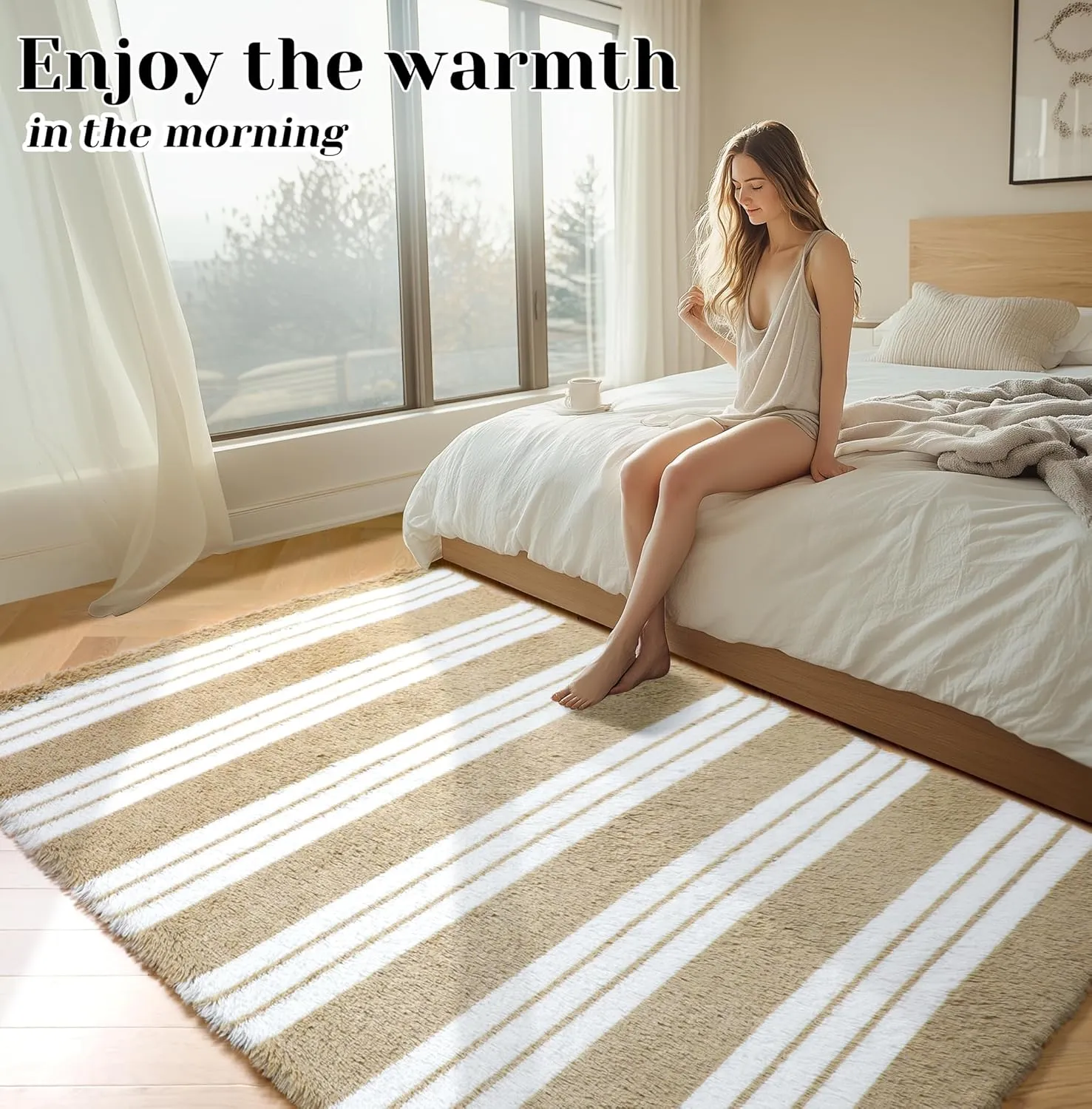 KICMOR Rugs for Living Room, 5x8 Fluffy Soft Beige and White Shag Area Rug Fuzzy Shaggy Bedroom Carpet, Large Plush Indoor Striped Rug for Kids Boys Girls Room Teen Dorm Nursery Home Decor Aesthetic