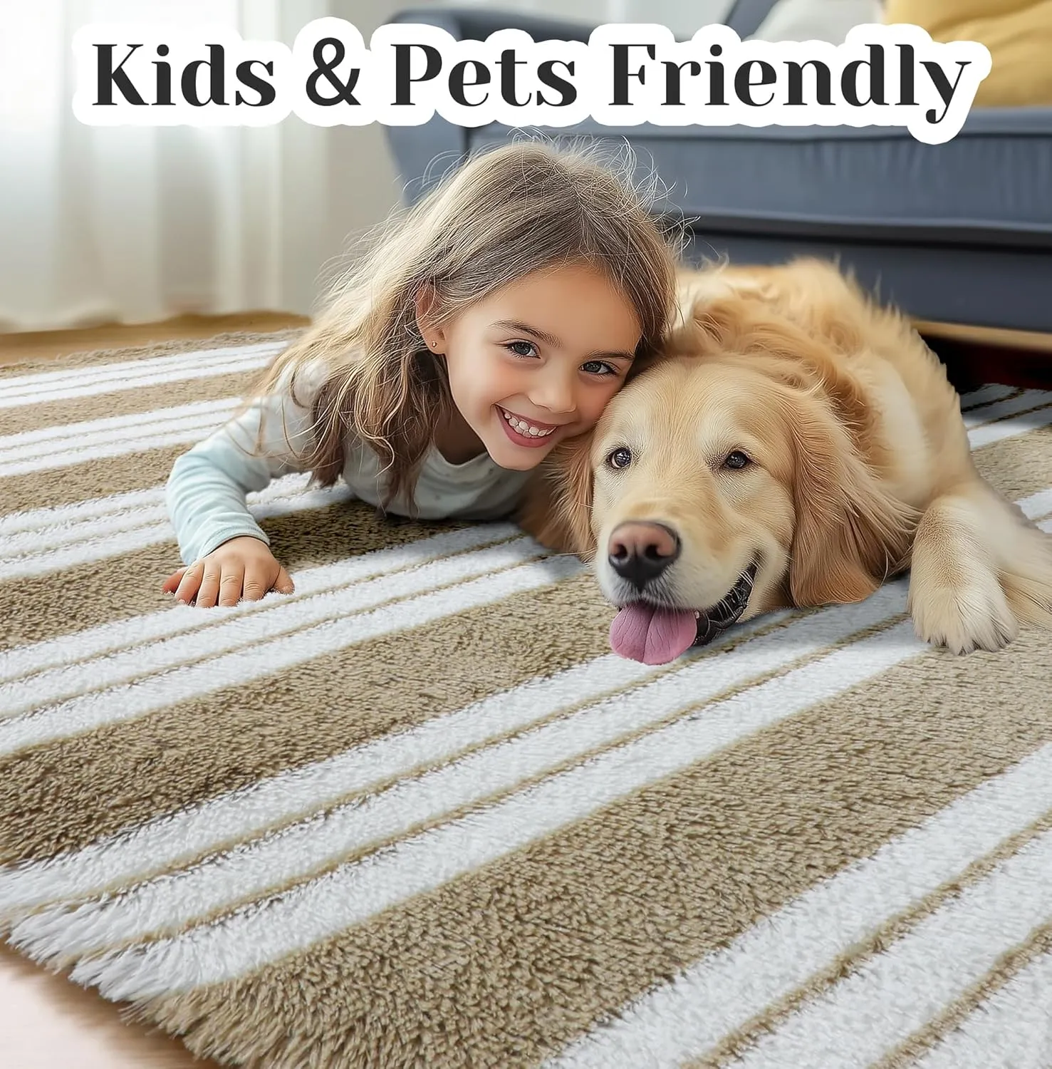 KICMOR Rugs for Living Room, 5x8 Fluffy Soft Beige and White Shag Area Rug Fuzzy Shaggy Bedroom Carpet, Large Plush Indoor Striped Rug for Kids Boys Girls Room Teen Dorm Nursery Home Decor Aesthetic
