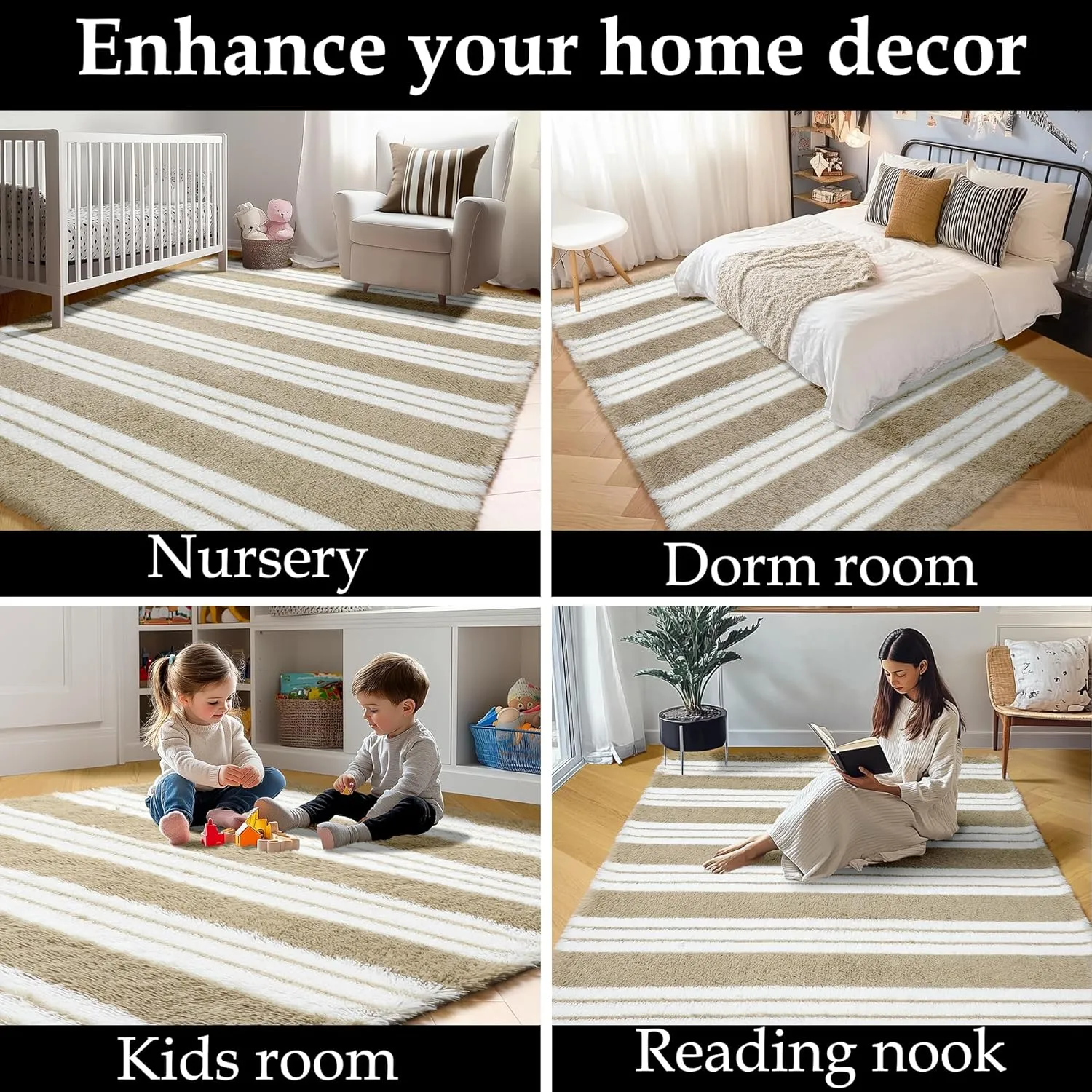 KICMOR Rugs for Living Room, 5x8 Fluffy Soft Beige and White Shag Area Rug Fuzzy Shaggy Bedroom Carpet, Large Plush Indoor Striped Rug for Kids Boys Girls Room Teen Dorm Nursery Home Decor Aesthetic