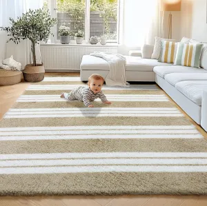 KICMOR Rugs for Living Room, 5x8 Fluffy Soft Beige and White Shag Area Rug Fuzzy Shaggy Bedroom Carpet, Large Plush Indoor Striped Rug for Kids Boys Girls Room Teen Dorm Nursery Home Decor Aesthetic