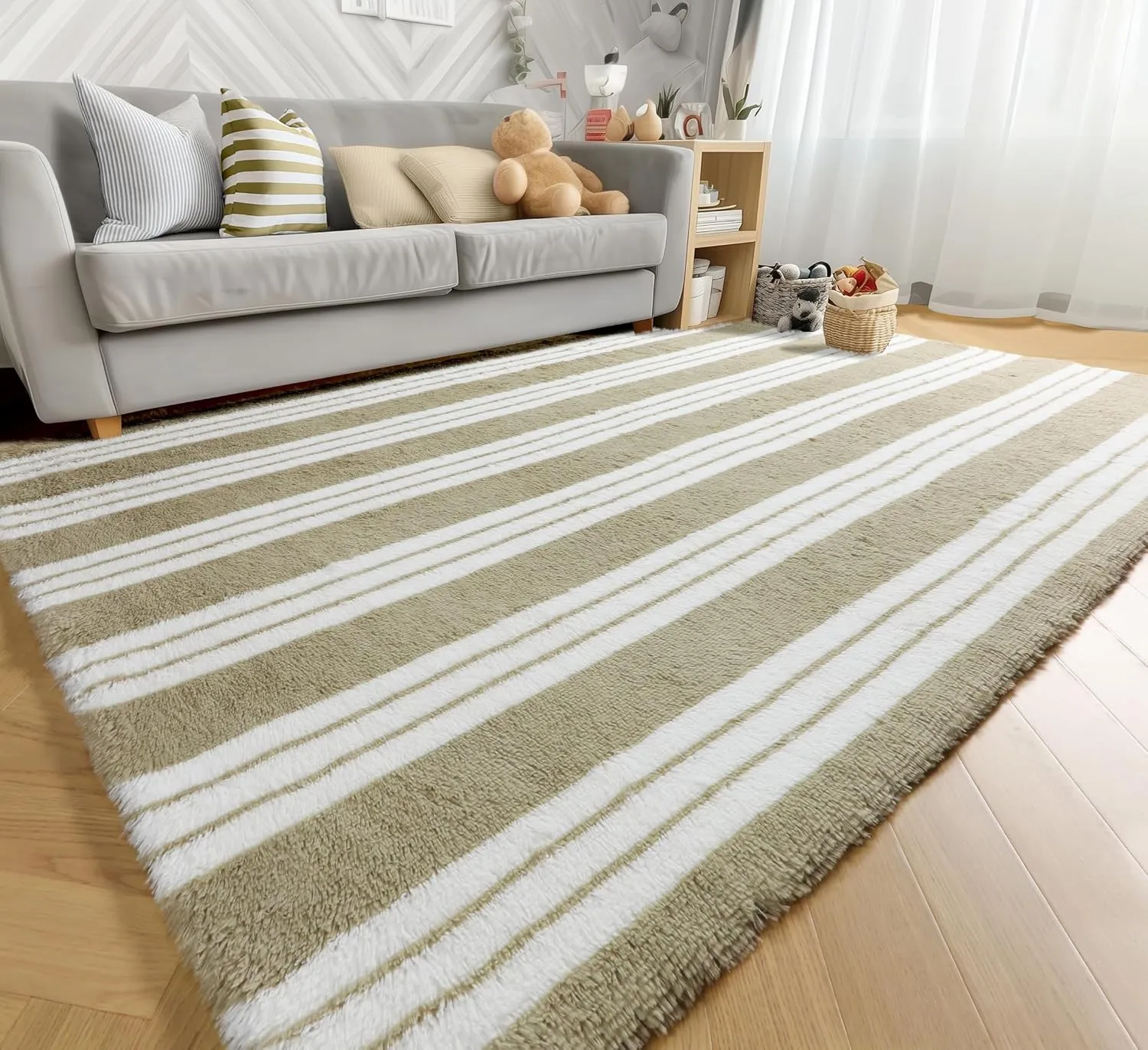 KICMOR Rugs for Living Room, 5x8 Fluffy Soft Beige and White Shag Area Rug Fuzzy Shaggy Bedroom Carpet, Large Plush Indoor Striped Rug for Kids Boys Girls Room Teen Dorm Nursery Home Decor Aesthetic