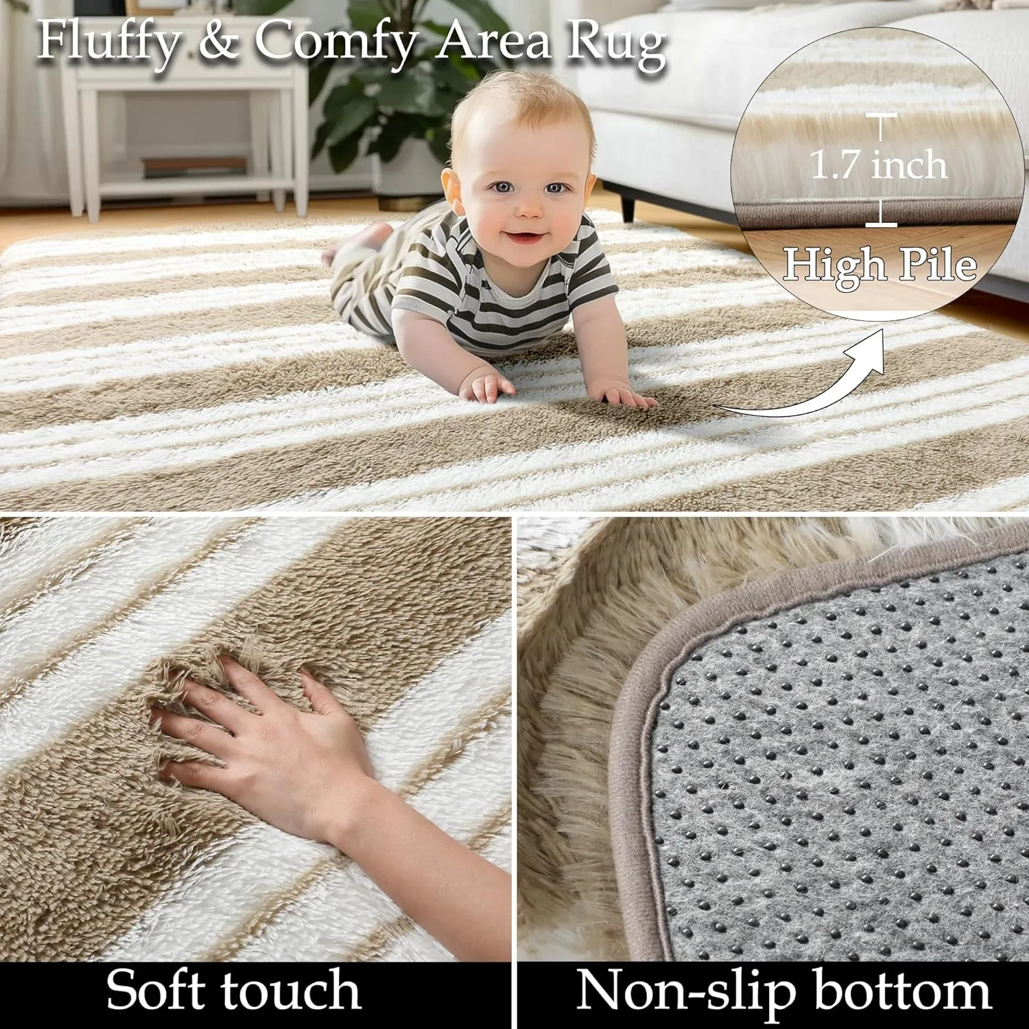 KICMOR Rugs for Living Room, 5x8 Fluffy Soft Beige and White Shag Area Rug Fuzzy Shaggy Bedroom Carpet, Large Plush Indoor Striped Rug for Kids Boys Girls Room Teen Dorm Nursery Home Decor Aesthetic