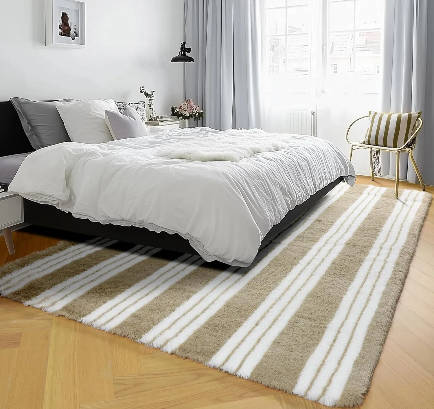 KICMOR Rugs for Living Room, 5x8 Fluffy Soft Beige and White Shag Area Rug Fuzzy Shaggy Bedroom Carpet, Large Plush Indoor Striped Rug for Kids Boys Girls Room Teen Dorm Nursery Home Decor Aesthetic