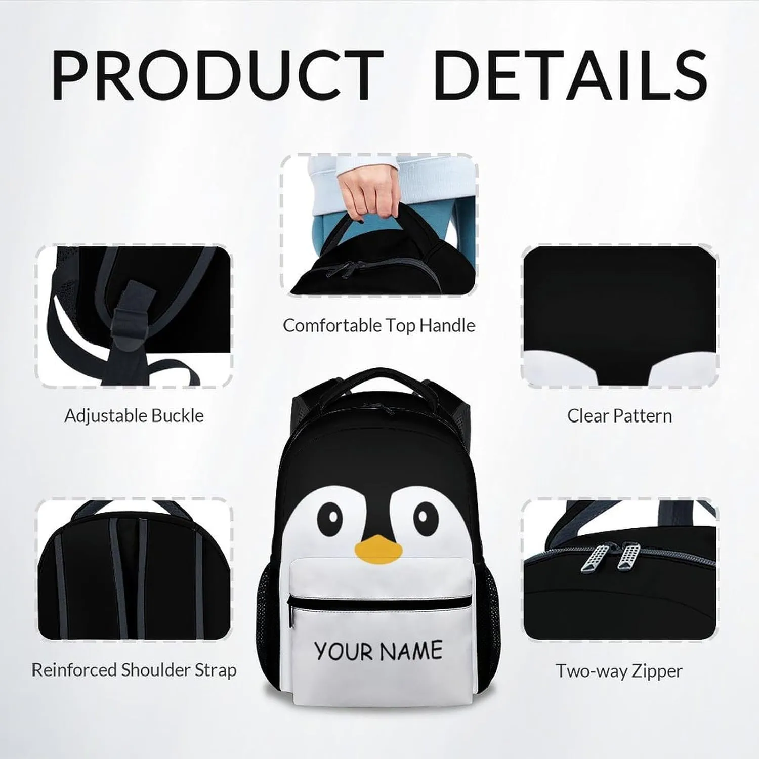 Kid Backpack for Girls - Personalized Penguin Schoolbag - Lightweight Durable Large Capacity - 17 Inch Black Bookbag for School, Travel and Camp