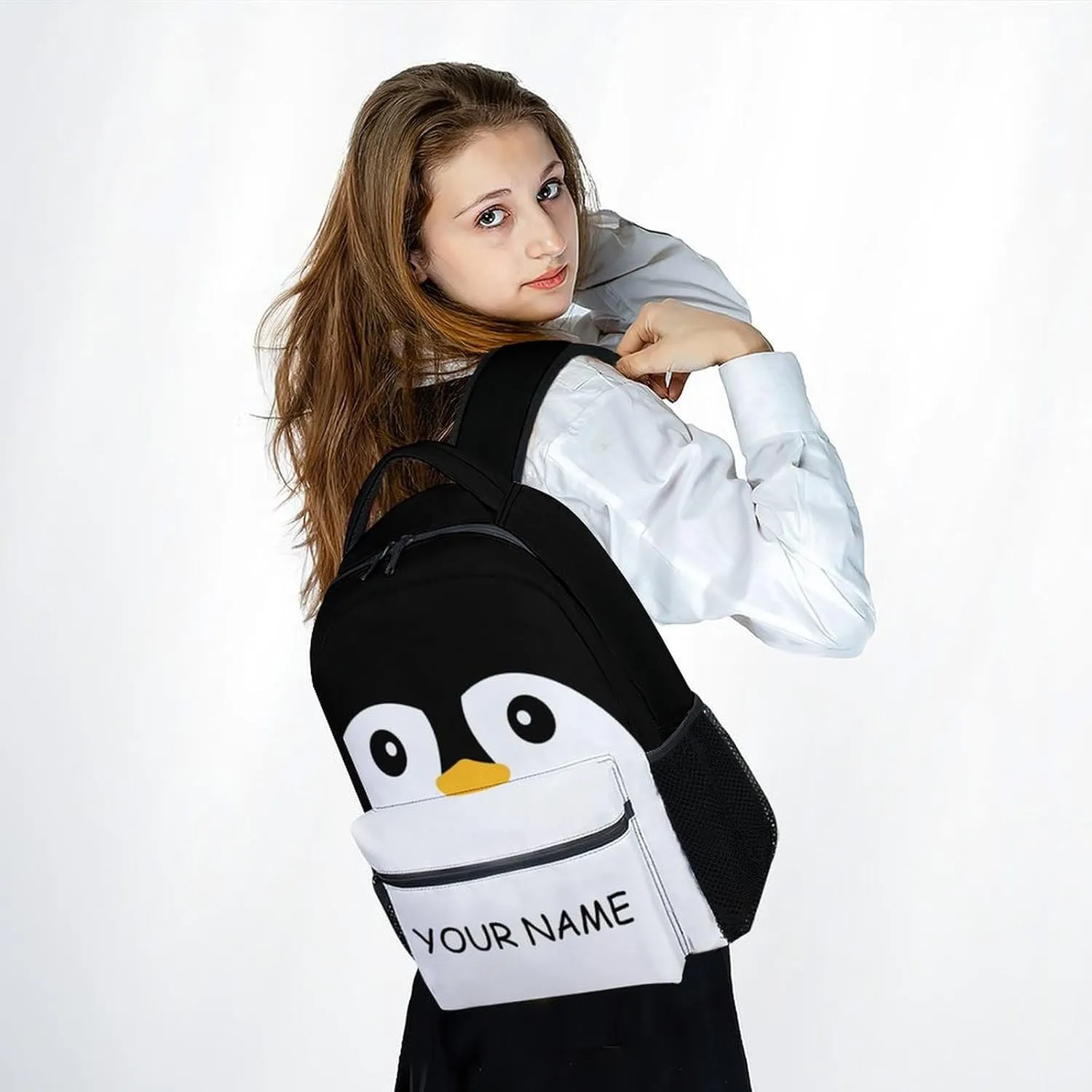 Kid Backpack for Girls - Personalized Penguin Schoolbag - Lightweight Durable Large Capacity - 17 Inch Black Bookbag for School, Travel and Camp