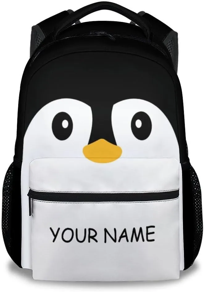 Kid Backpack for Girls - Personalized Penguin Schoolbag - Lightweight Durable Large Capacity - 17 Inch Black Bookbag for School, Travel and Camp