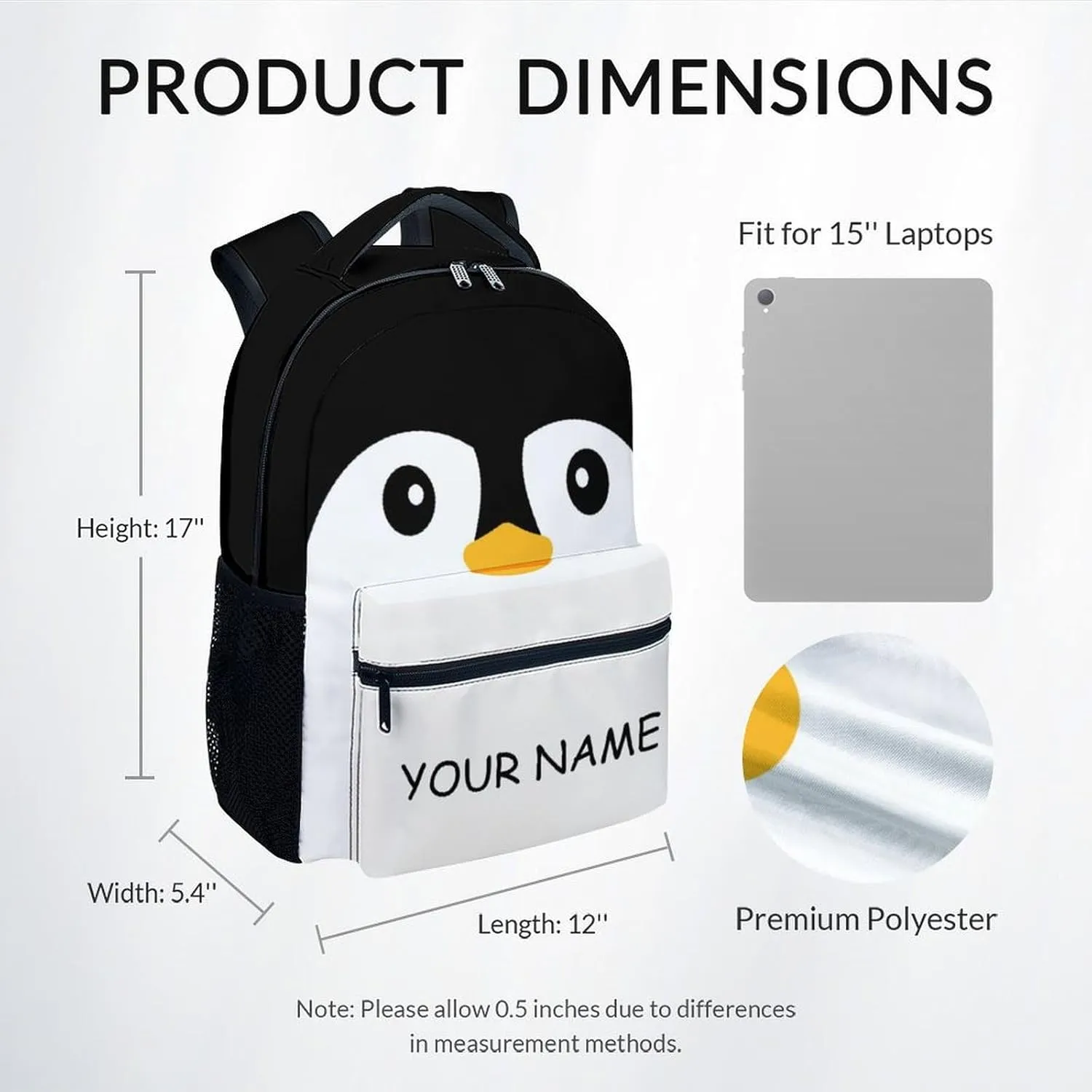 Kid Backpack for Girls - Personalized Penguin Schoolbag - Lightweight Durable Large Capacity - 17 Inch Black Bookbag for School, Travel and Camp