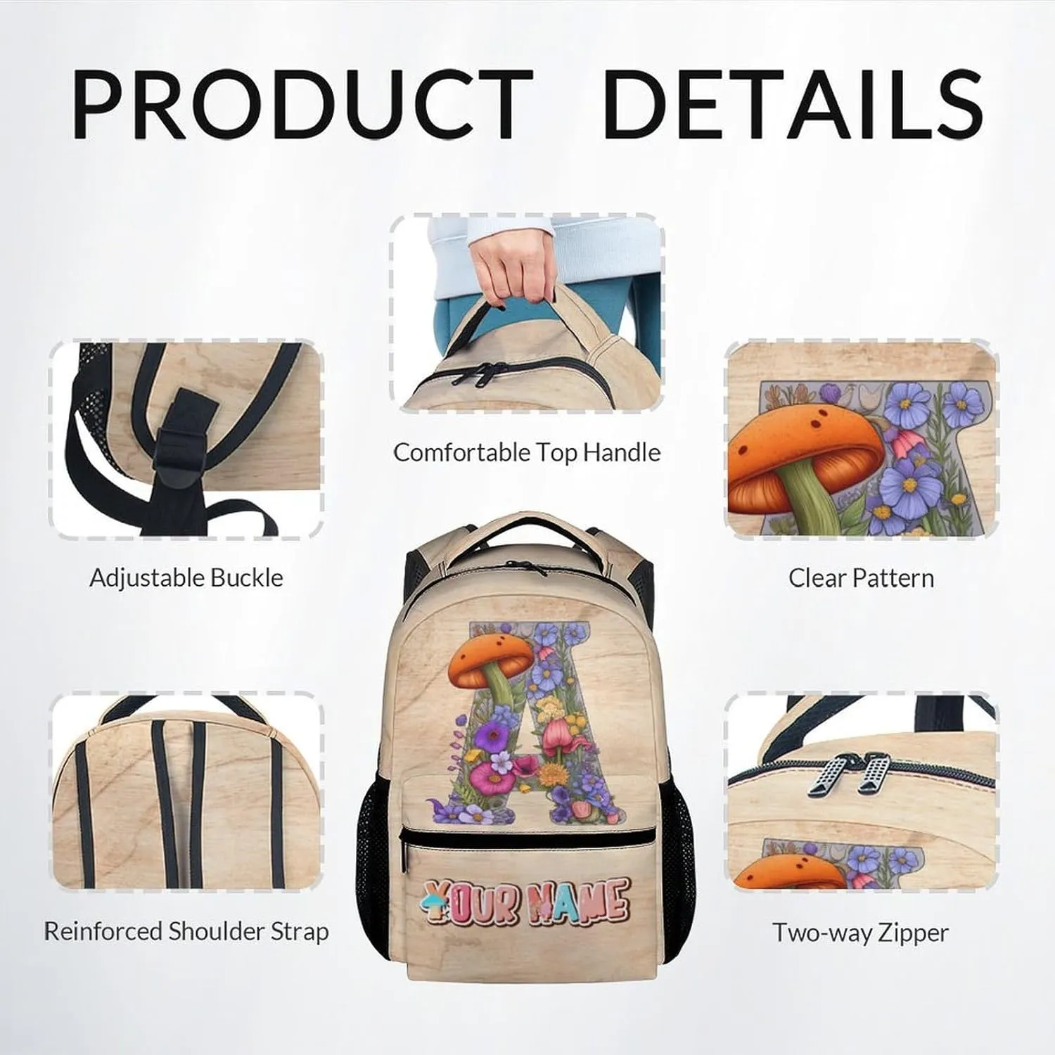 Kids Backpack Set for School, Personalized Mushroom Backpacks, Custom Name Bookbags Initial School Bag for Girls Boys, 17 Inch Monogram Bookbag with Lunch Box and Pencil Case