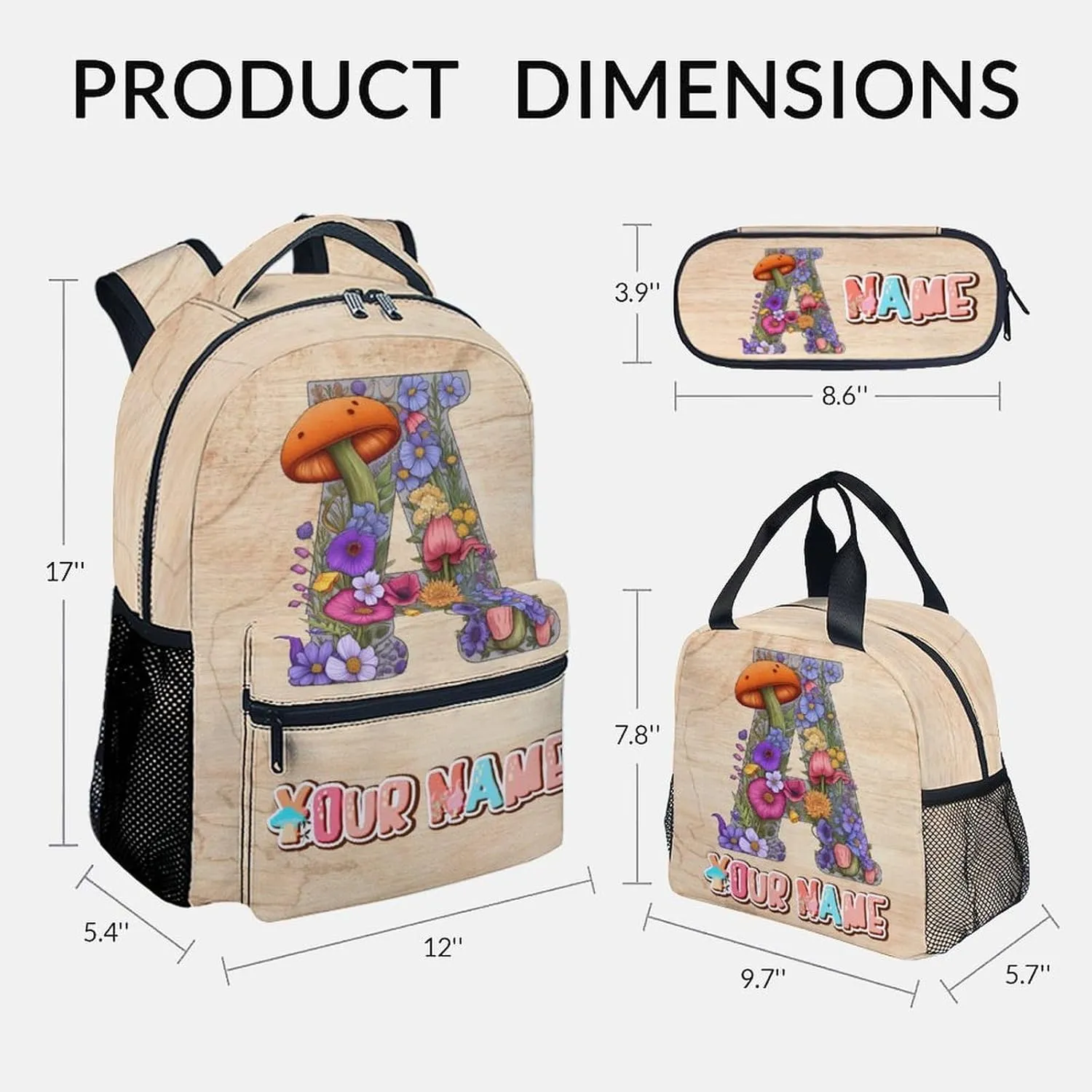 Kids Backpack Set for School, Personalized Mushroom Backpacks, Custom Name Bookbags Initial School Bag for Girls Boys, 17 Inch Monogram Bookbag with Lunch Box and Pencil Case