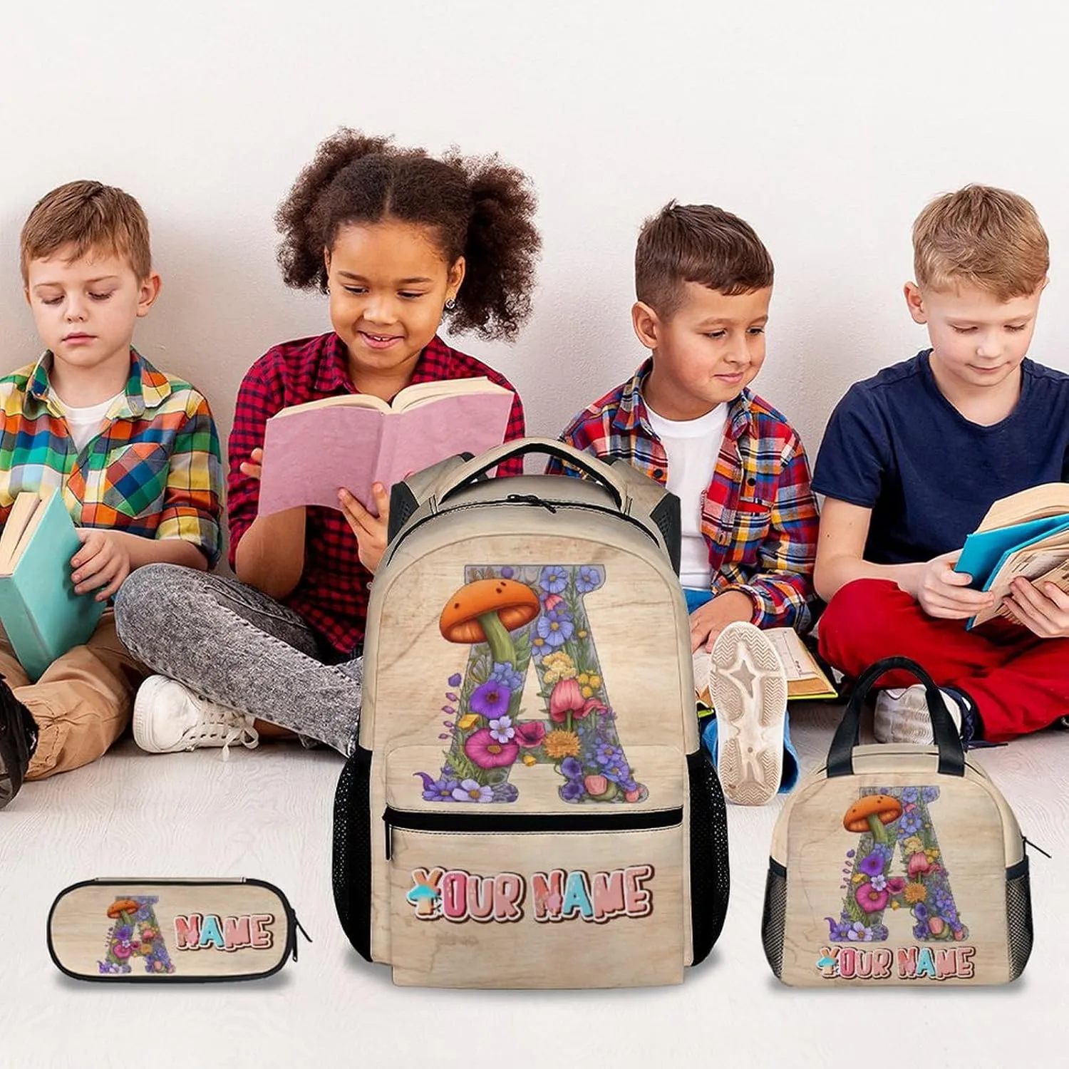 Kids Backpack Set for School, Personalized Mushroom Backpacks, Custom Name Bookbags Initial School Bag for Girls Boys, 17 Inch Monogram Bookbag with Lunch Box and Pencil Case