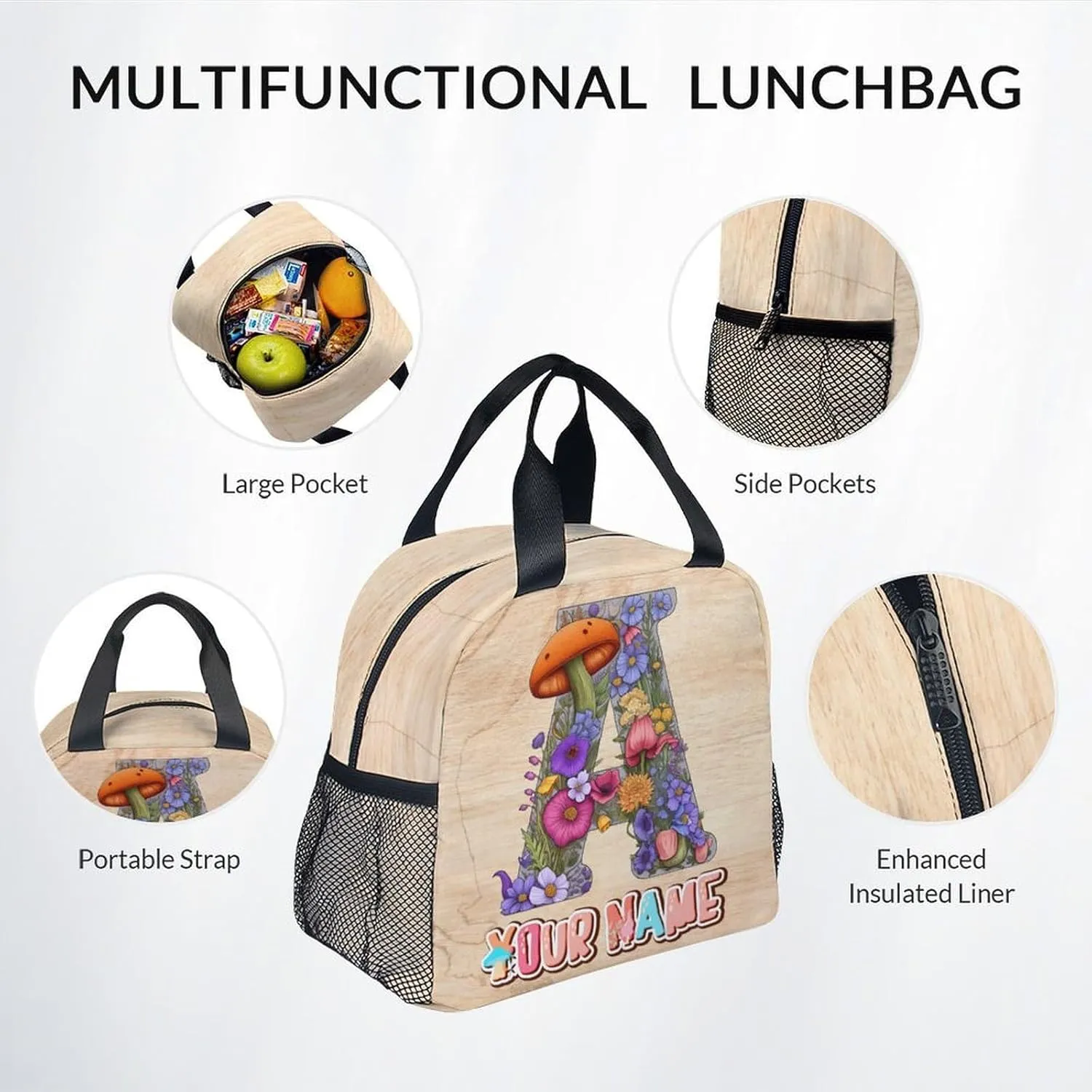 Kids Backpack Set for School, Personalized Mushroom Backpacks, Custom Name Bookbags Initial School Bag for Girls Boys, 17 Inch Monogram Bookbag with Lunch Box and Pencil Case