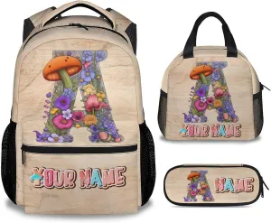 Kids Backpack Set for School, Personalized Mushroom Backpacks, Custom Name Bookbags Initial School Bag for Girls Boys, 17 Inch Monogram Bookbag with Lunch Box and Pencil Case