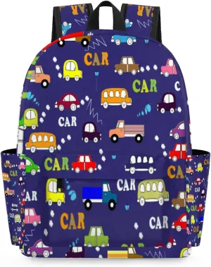Kids Casual Backpack Cartoon Cars Taxi Bus Pattern Dark Blue Lightweight Travel Backpack Boys Kindergarten Preschool