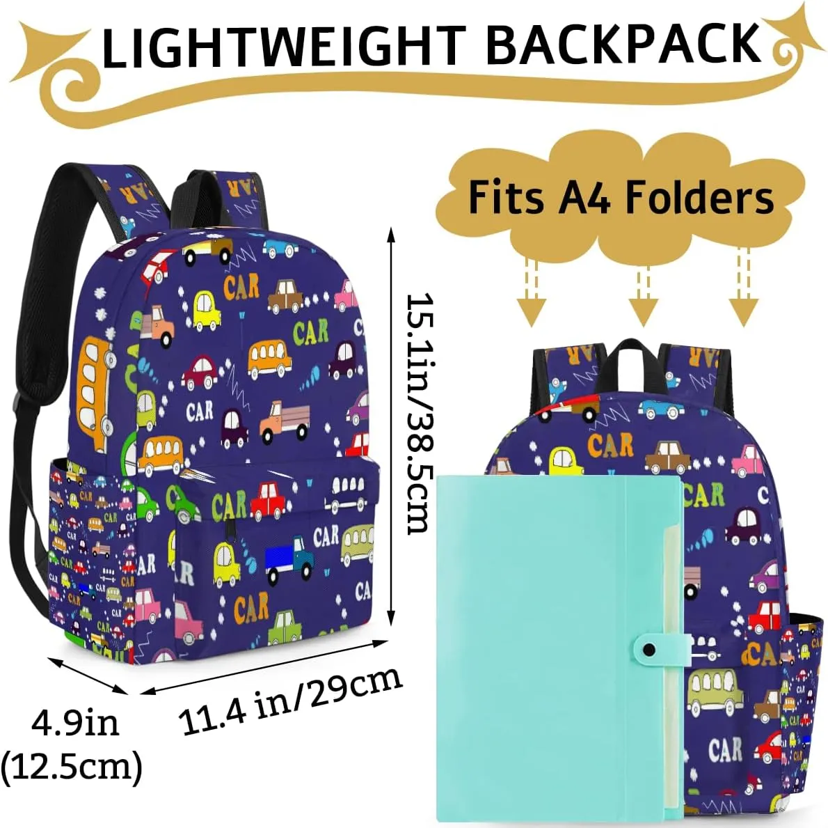 Kids Casual Backpack Cartoon Cars Taxi Bus Pattern Dark Blue Lightweight Travel Backpack Boys Kindergarten Preschool