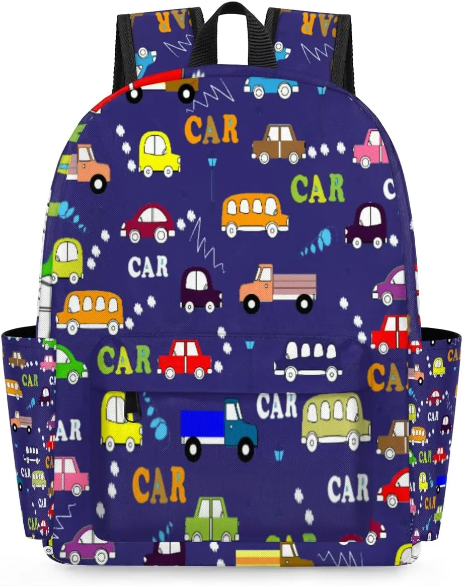 Kids Casual Backpack Cartoon Cars Taxi Bus Pattern Dark Blue Lightweight Travel Backpack Boys Kindergarten Preschool