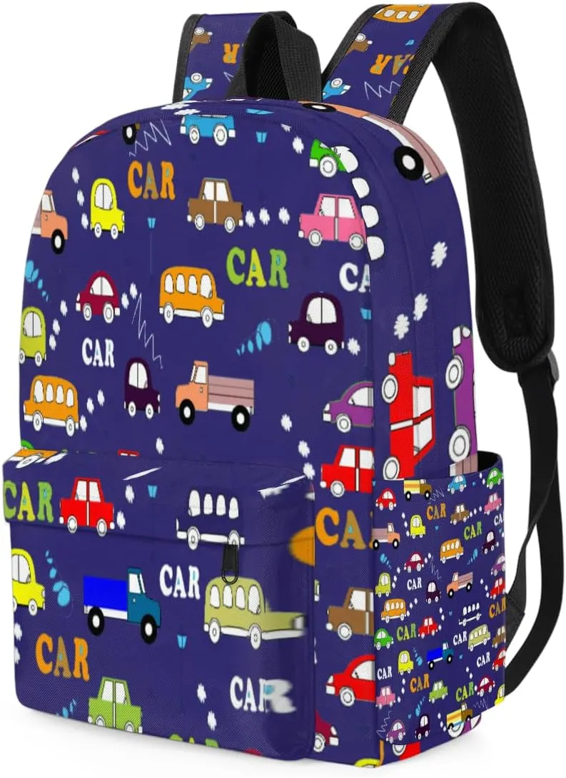 Kids Casual Backpack Cartoon Cars Taxi Bus Pattern Dark Blue Lightweight Travel Backpack Boys Kindergarten Preschool