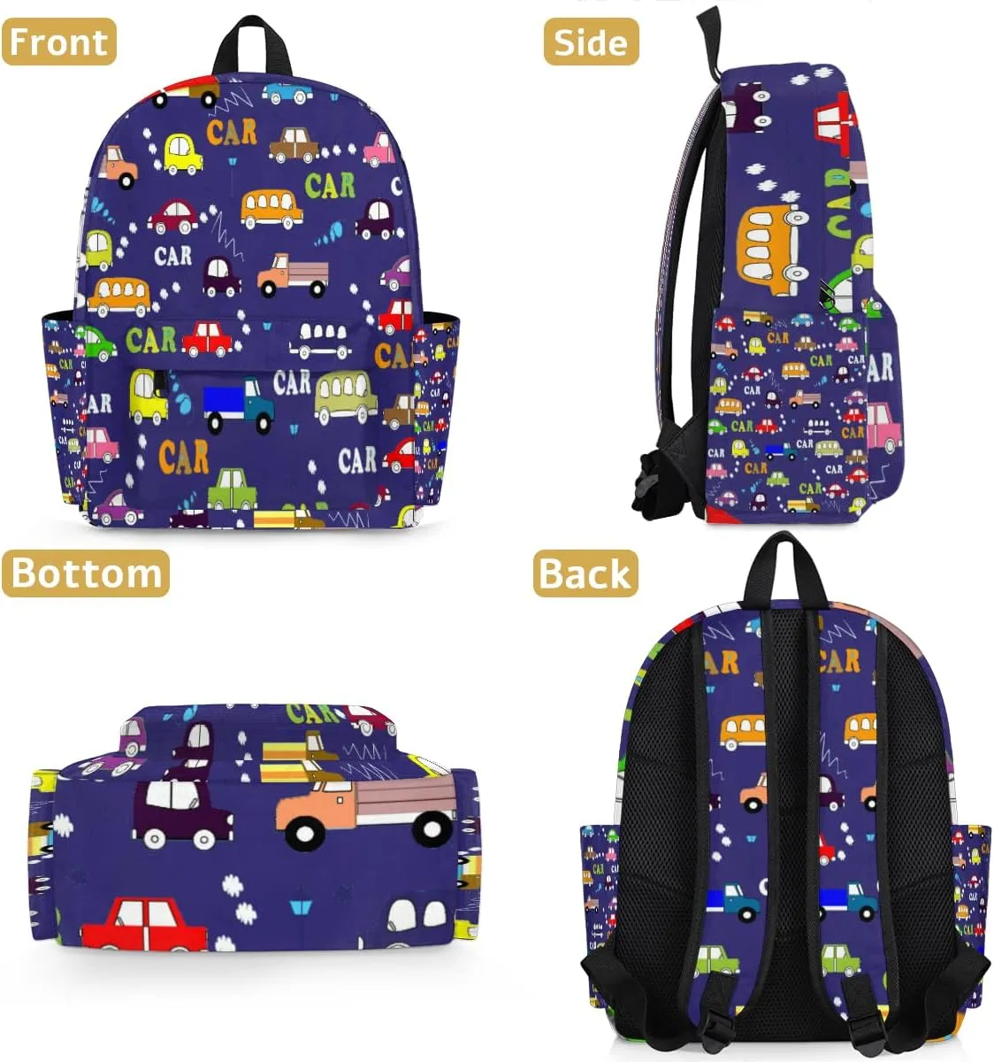 Kids Casual Backpack Cartoon Cars Taxi Bus Pattern Dark Blue Lightweight Travel Backpack Boys Kindergarten Preschool