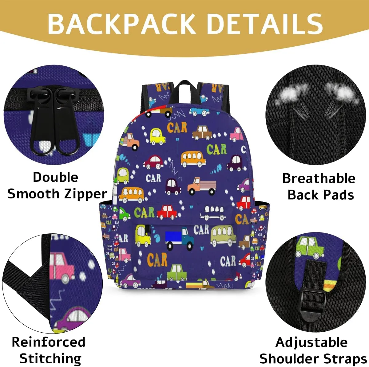 Kids Casual Backpack Cartoon Cars Taxi Bus Pattern Dark Blue Lightweight Travel Backpack Boys Kindergarten Preschool