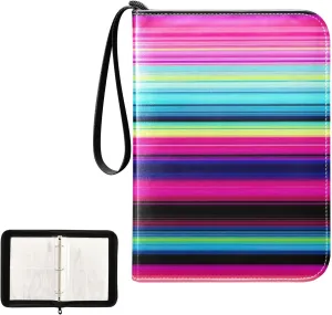 Kigai Colorful Stripes Trading Card Binder, 4 Pockets Card Album with 400 Cards, Waterproof PU Zip Portable Card Holder for Sports Cards, Game Cards