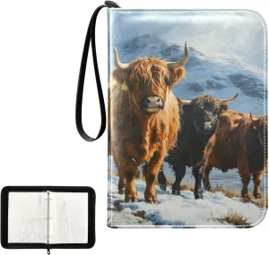 Kigai Highland Cow Painting Trading Card Binder, 4 Pockets Card Album with 400 Cards, Waterproof PU Zip Portable Card Holder for Sports Cards, Game Cards