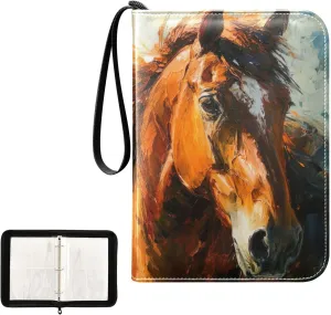 Kigai Horse Painting Trading Card Binder, 4 Pockets Card Album with 400 Cards, Waterproof PU Zip Portable Card Holder for Sports Cards, Game Cards