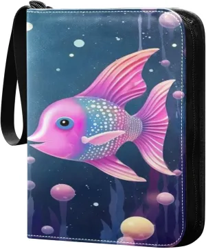 Kigai Trading Card Binder with 50 Sleeves, 400 Pockets PU Zipper Card Collection Binder 4-Pocket Portable Card Folder for Sports Cards, Game Cards (Two Colorful Fish Bubble)