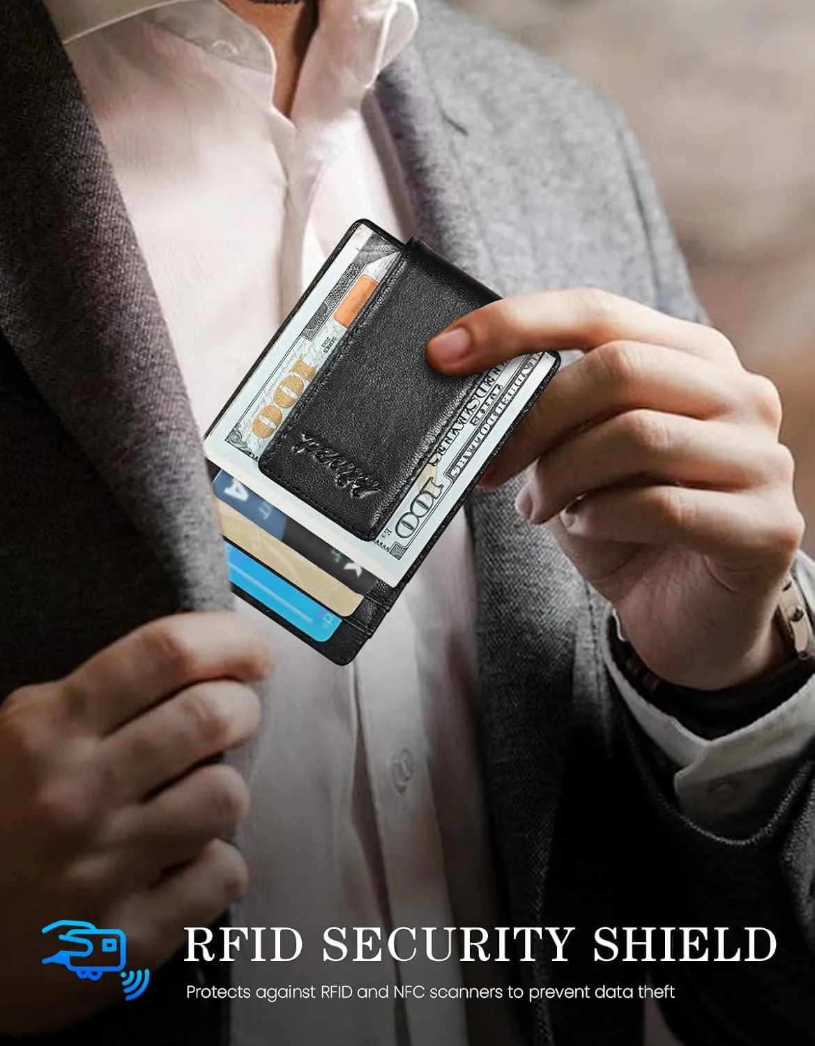 kinzd Money Clip, Front Pocket Wallet, Leather RFID Blocking Strong Magnet thin Wallet
