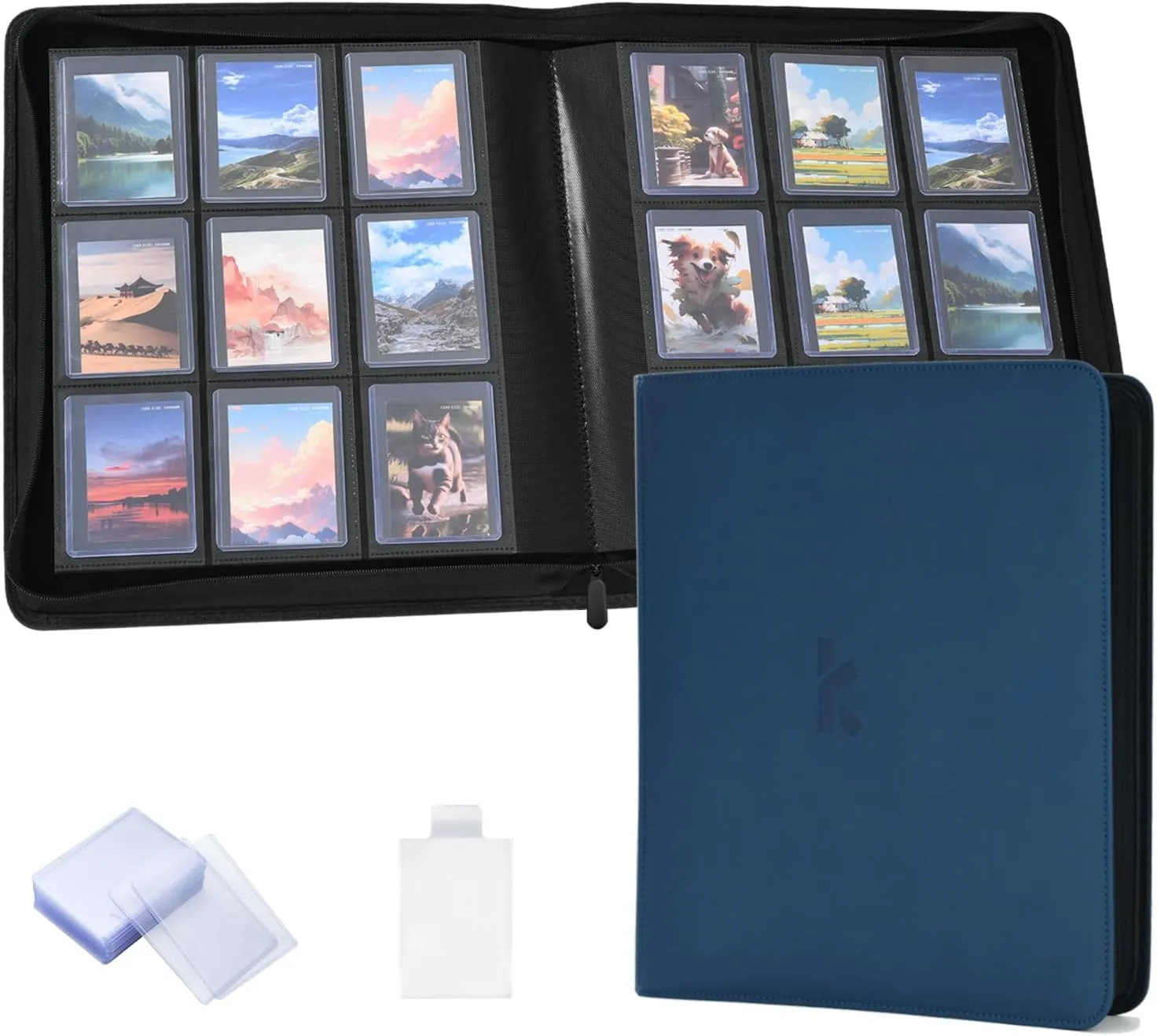 KLEAR Top Loader Binder, Holds 288 Top Loaders, Include 18 Top Loaders and 100 Tabbed Card Sleeves, 9 Pocket Toploader Binders for 3" x 4" Toploader, Zipper and Ringless Trading Card Binder(Blue)