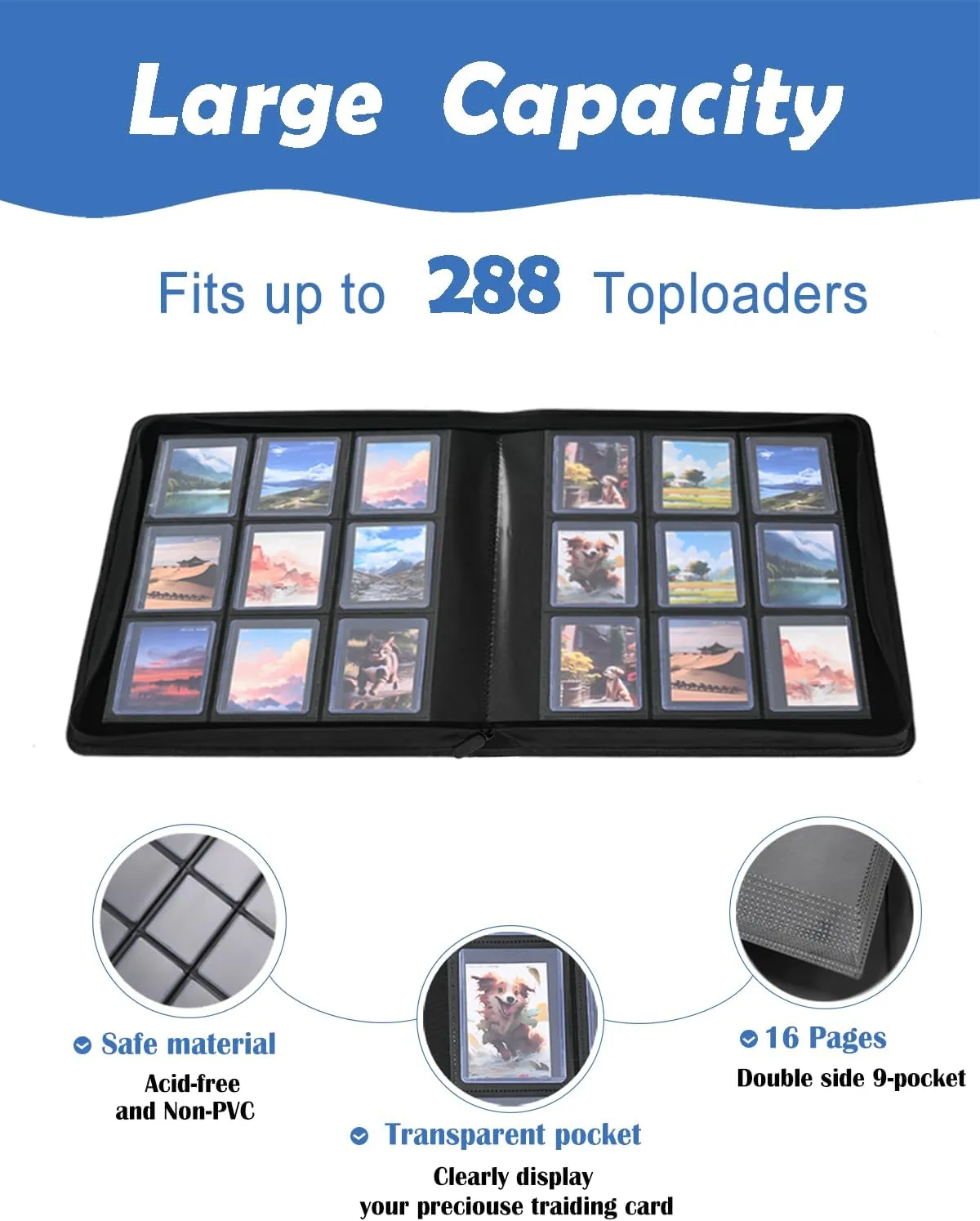 KLEAR Top Loader Binder, Holds 288 Top Loaders, Include 18 Top Loaders and 100 Tabbed Card Sleeves, 9 Pocket Toploader Binders for 3" x 4" Toploader, Zipper and Ringless Trading Card Binder(Blue)