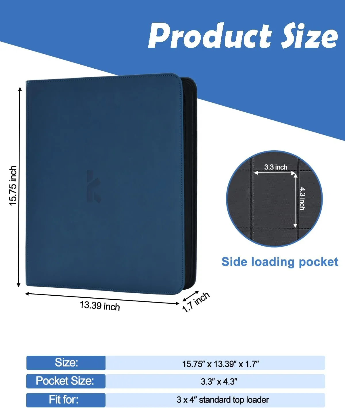 KLEAR Top Loader Binder, Holds 288 Top Loaders, Include 18 Top Loaders and 100 Tabbed Card Sleeves, 9 Pocket Toploader Binders for 3" x 4" Toploader, Zipper and Ringless Trading Card Binder(Blue)