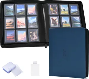 KLEAR Top Loader Binder, Holds 288 Top Loaders, Include 18 Top Loaders and 100 Tabbed Card Sleeves, 9 Pocket Toploader Binders for 3" x 4" Toploader, Zipper and Ringless Trading Card Binder(Blue)