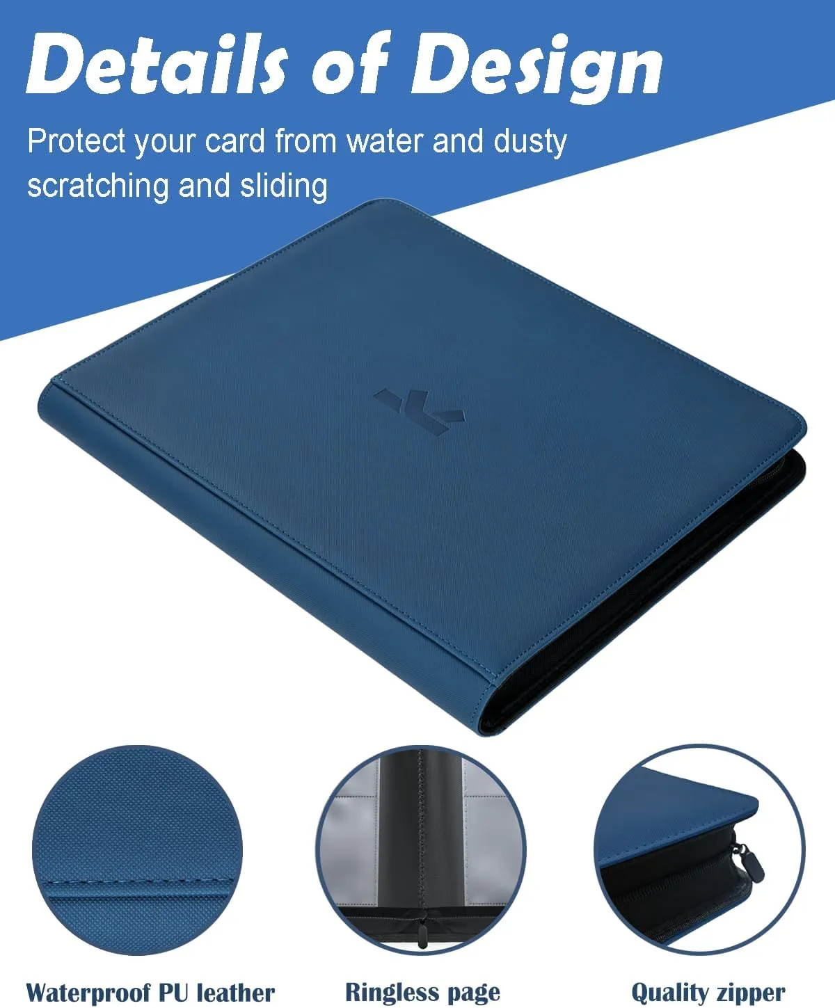 KLEAR Top Loader Binder, Holds 288 Top Loaders, Include 18 Top Loaders and 100 Tabbed Card Sleeves, 9 Pocket Toploader Binders for 3" x 4" Toploader, Zipper and Ringless Trading Card Binder(Blue)