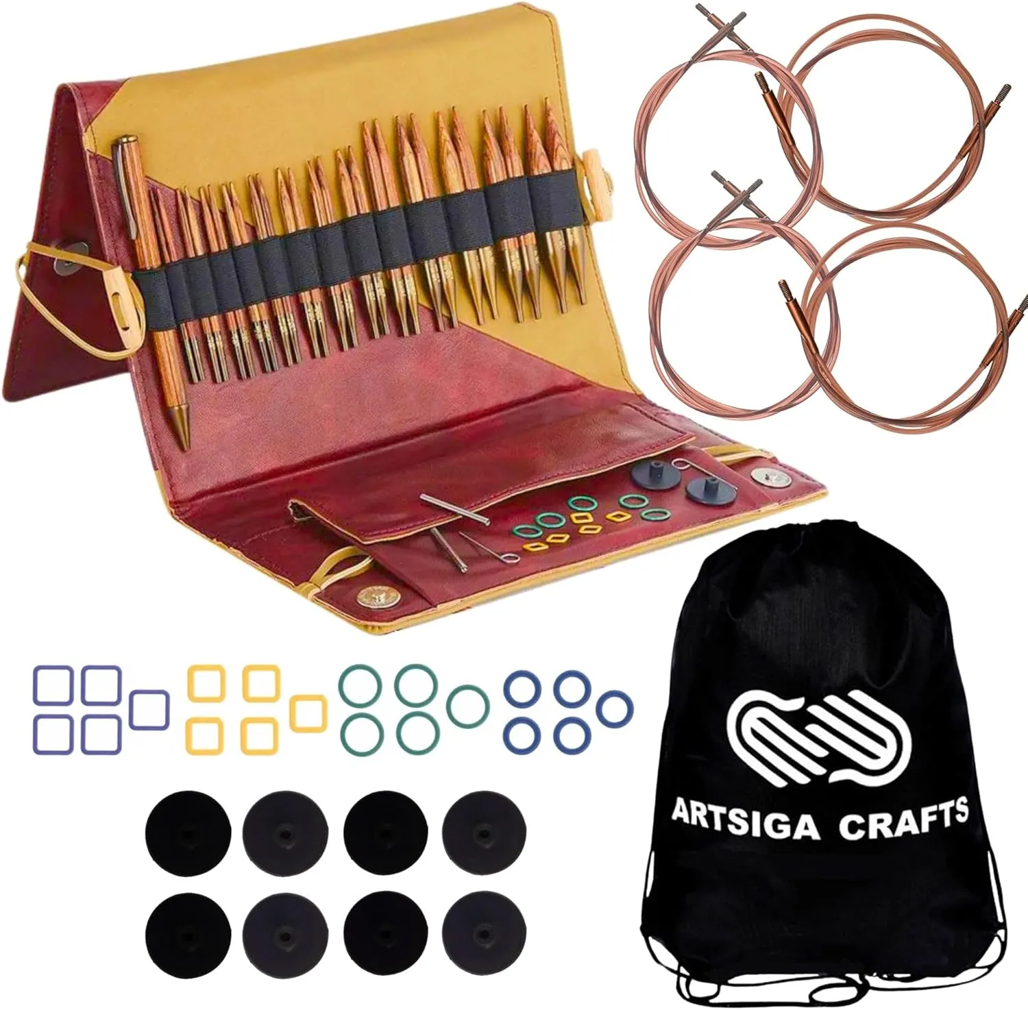 KnitPro Ginger Grande Set 4 inch Circular Knitting Needles Size 3, 4, 5, 6, 7, 8, 9, 10, 10.5, 11, 13, 15, 17 Interchangeable, 6 Cables & More, Fabric Case with Project Bag