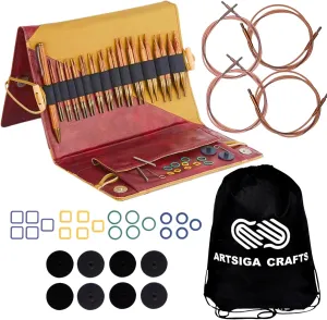 KnitPro Ginger Grande Set 4 inch Circular Knitting Needles Size 3, 4, 5, 6, 7, 8, 9, 10, 10.5, 11, 13, 15, 17 Interchangeable, 6 Cables & More, Fabric Case with Project Bag