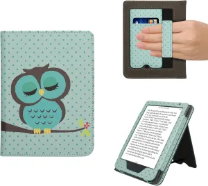 kwmobile Case Compatible with Kobo Clara BW/Colour - Case PU Leather Cover with Magnet Closure, Stand, Strap, Card Slot - Sleeping Owl Turquoise/Brown/Mint