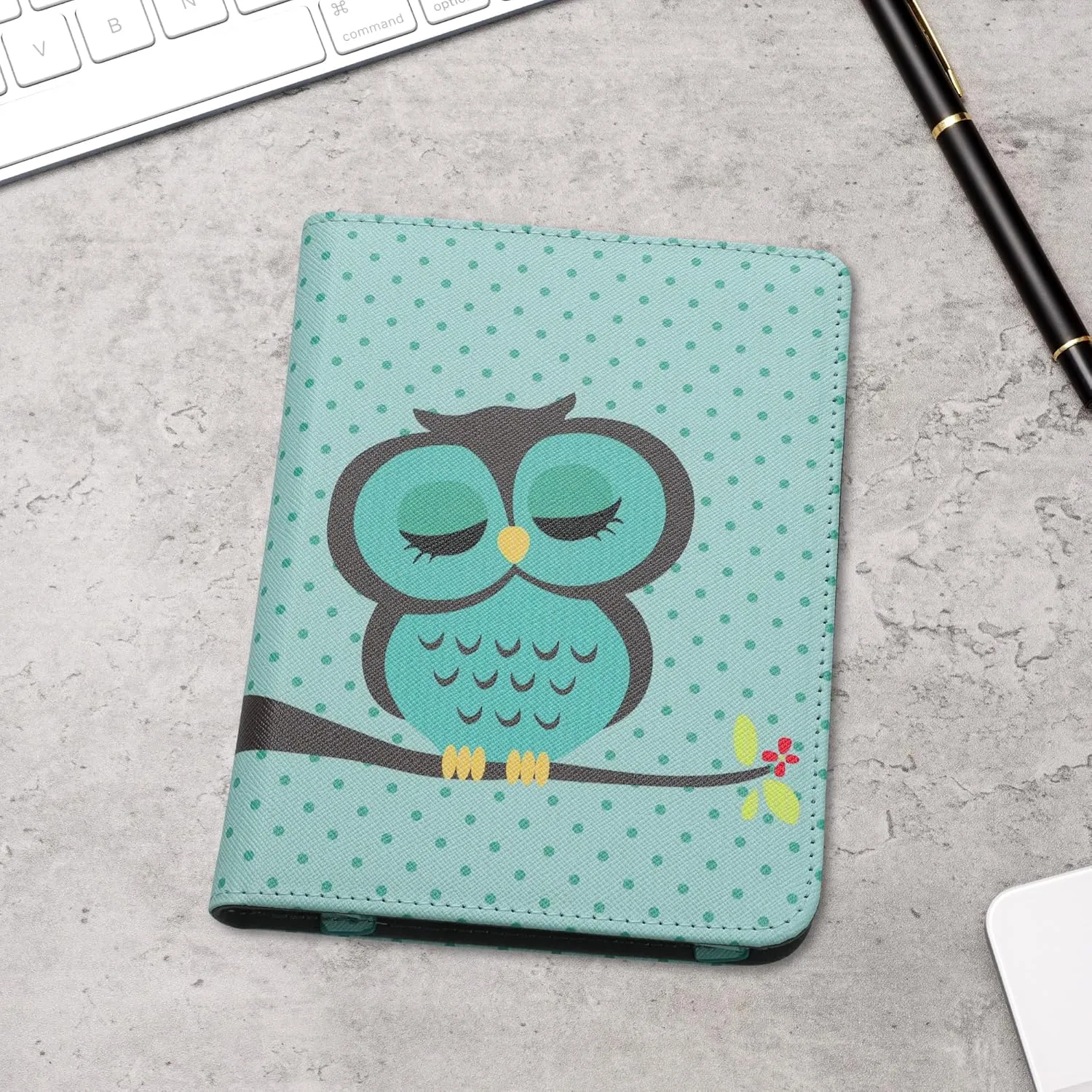 kwmobile Case Compatible with Kobo Clara BW/Colour - Case PU Leather Cover with Magnet Closure, Stand, Strap, Card Slot - Sleeping Owl Turquoise/Brown/Mint
